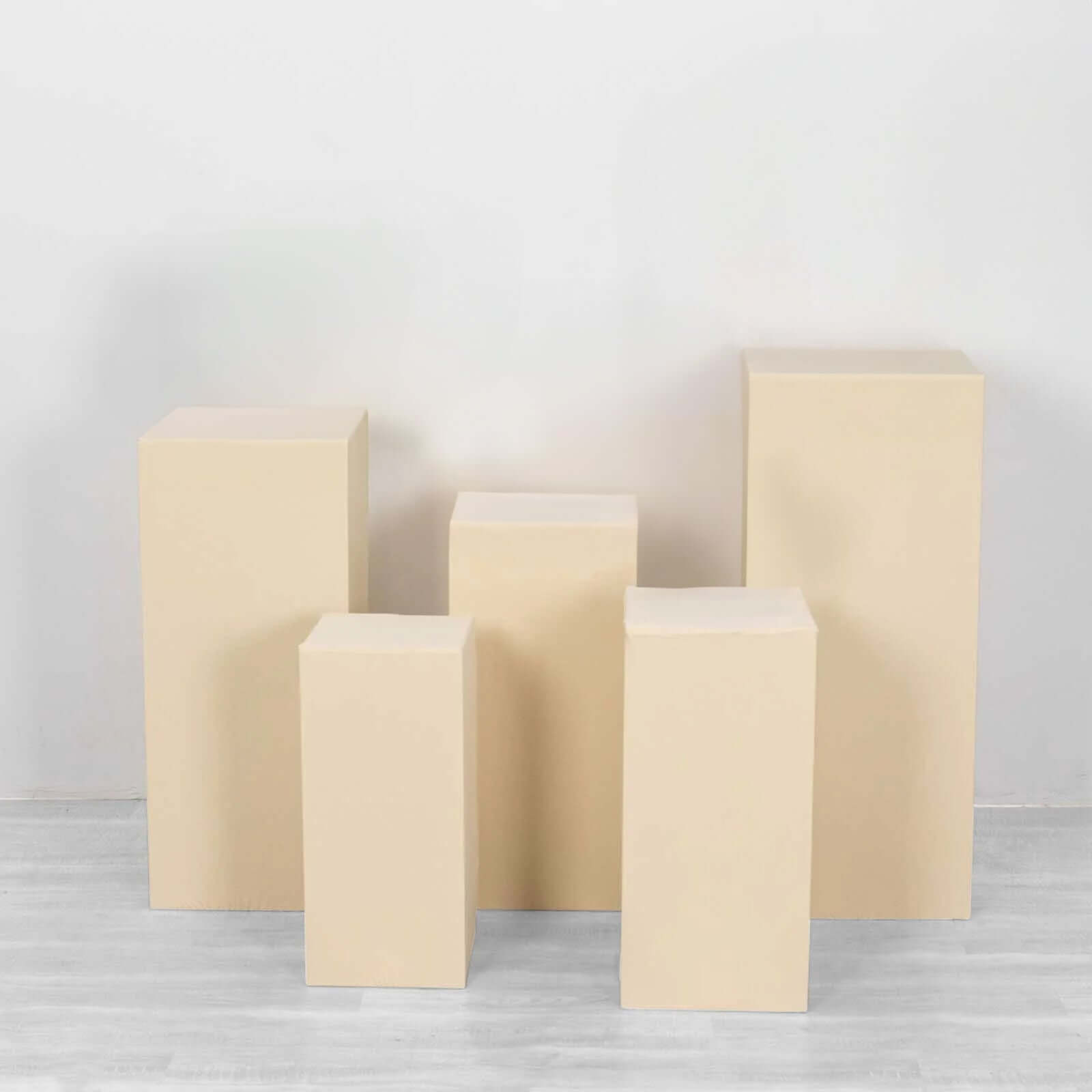 Set of 5 Beige Spandex Rectangle Pedestal Stand Covers, Stretchable Pillar Prop Covers - 160 GSM
