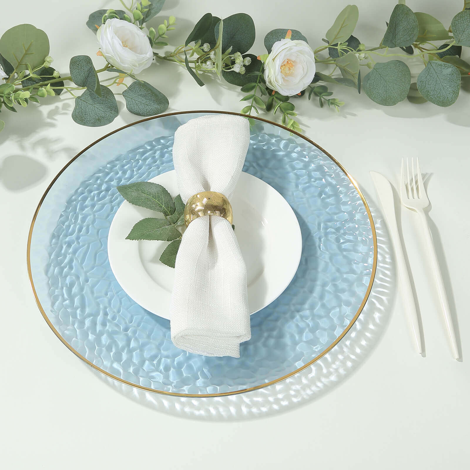 10 Pack Economy Plastic Round Charger Plates 13" in Transparent Dusty Blue Hammered Design with Gold Rim, Decorative Dinner Party Serving Plates