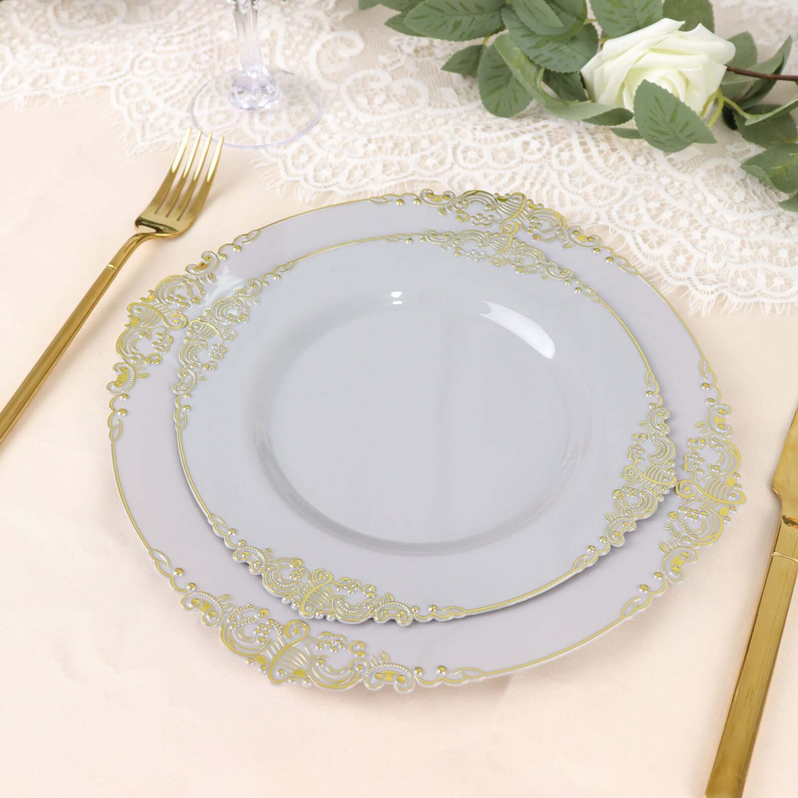 10-Pack Plastic 8" Round Dessert Plates in Gray with Gold Leaf Embossed Rim - Disposable Vintage Baroque Style Salad Plates