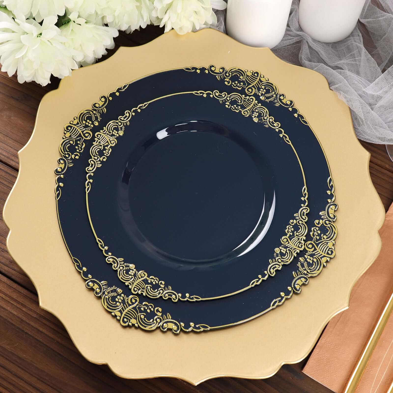 10-Pack Plastic 8" Round Dessert Plates in Navy Blue with Gold Leaf Embossed Rim - Disposable Vintage Baroque Style Salad Plates