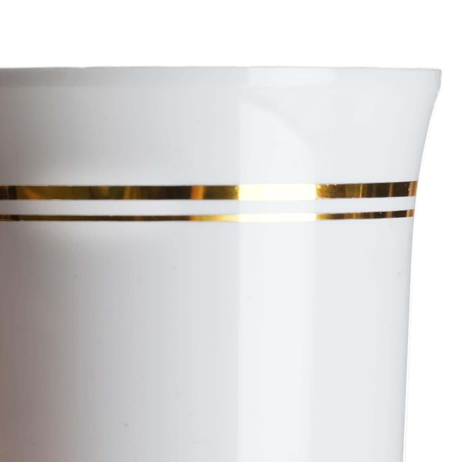 8-Pack Plastic Coffee Mugs White with Gold Stripes - Sturdy Disposable Cups for Coffee and Tea 8oz 4"