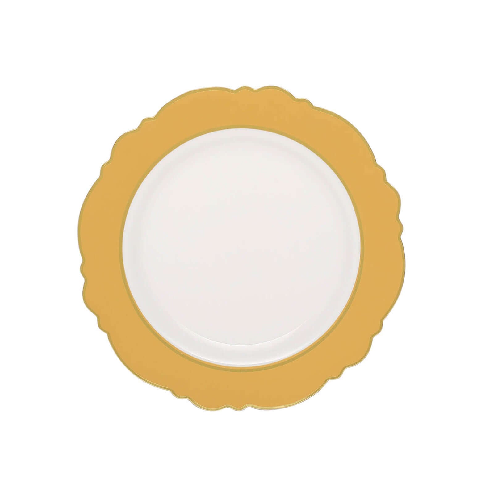 10-Pack Plastic 8" Round Dessert Plates in White with Gold Blossom Design & Gold Edging - Disposable Salad Appetizer Plates for Modern & Classy Table Decor
