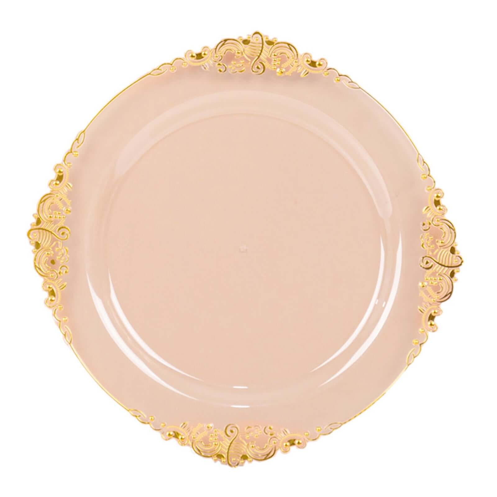 10-Pack Plastic 8" Round Dessert Plates in Transparent Blush with Gold Leaf Embossed Rim - Disposable Vintage Baroque Style Salad Plates