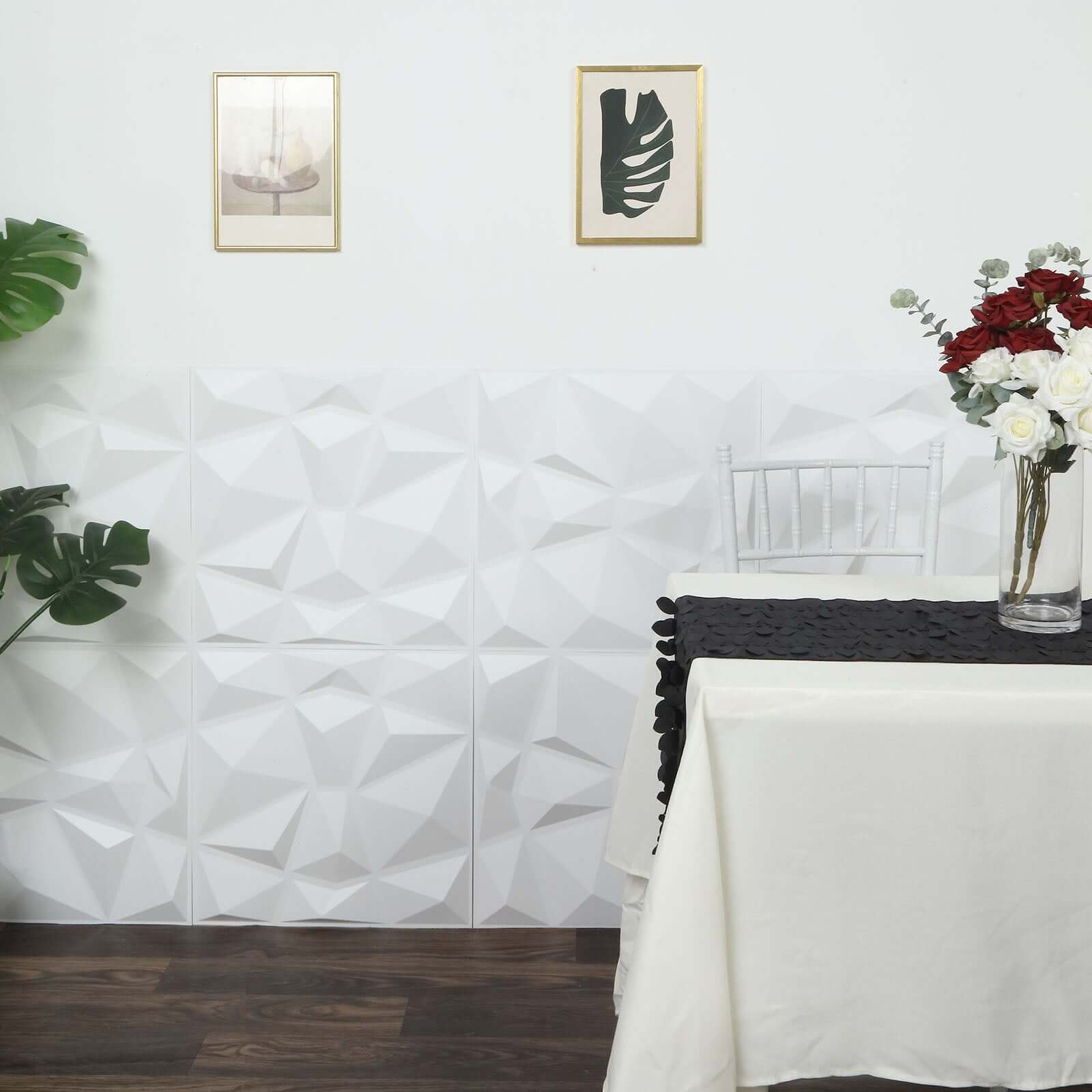 12 Pack 20"x20" Matte White 3D Texture PVC Diamond Design Wall Tiles, Stick On Waterproof Wall Panels