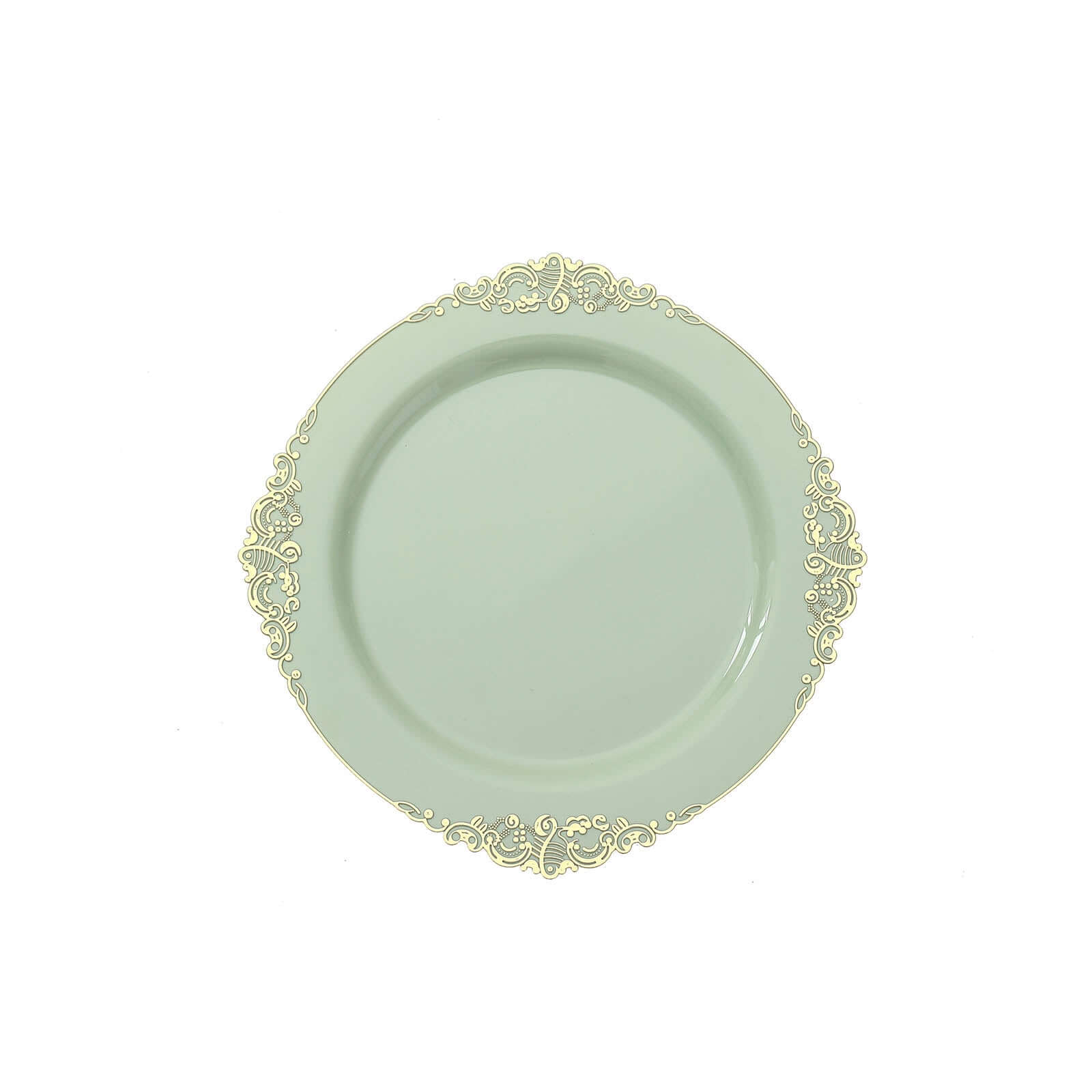 10-Pack Plastic 8" Round Dessert Plates in Sage Green with Gold Leaf Embossed Rim - Disposable Vintage Baroque Style Salad Plates