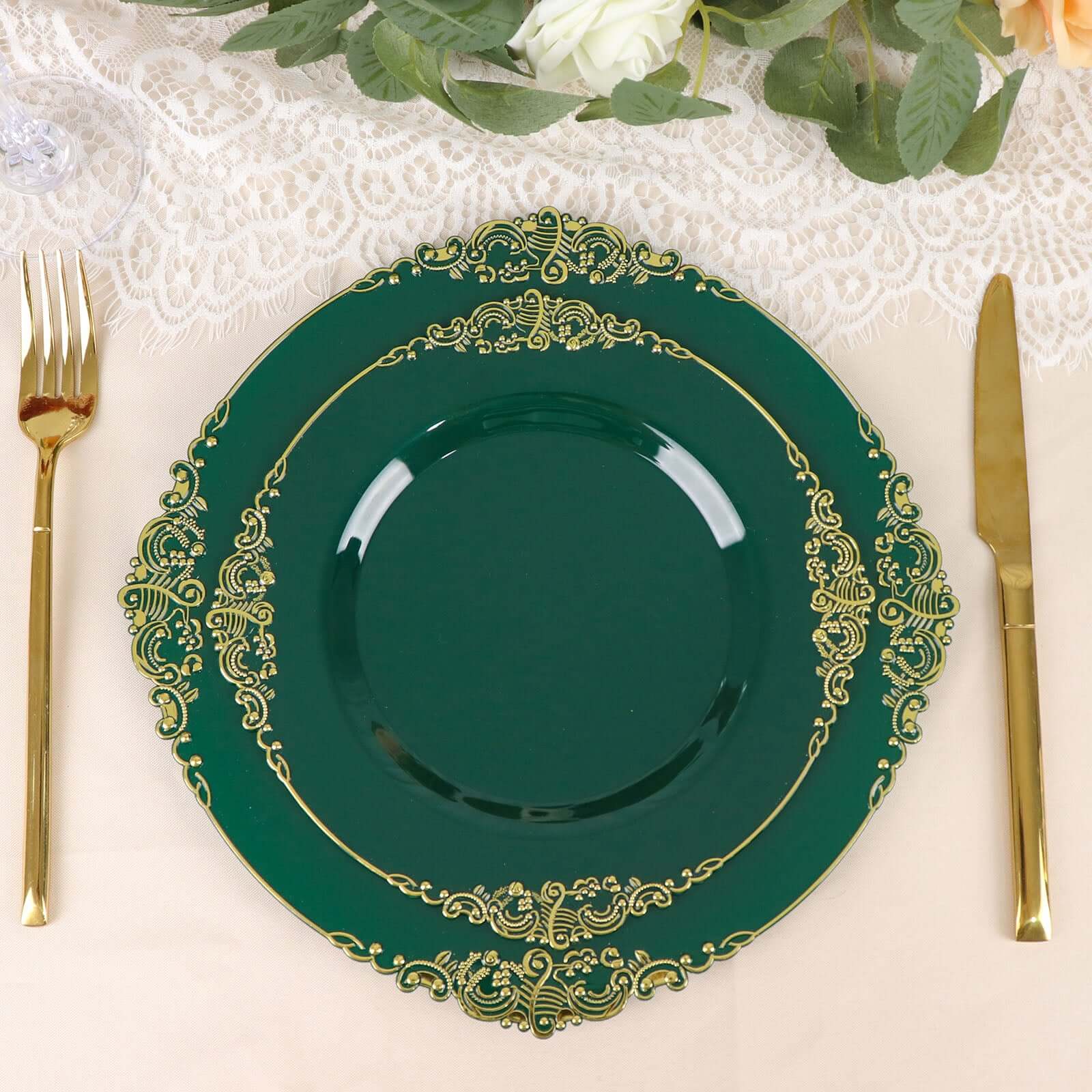 10-Pack Plastic 8" Round Dessert Plates in Hunter Emerald Green with Gold Leaf Embossed Rim - Disposable Vintage Baroque Style Salad Plates