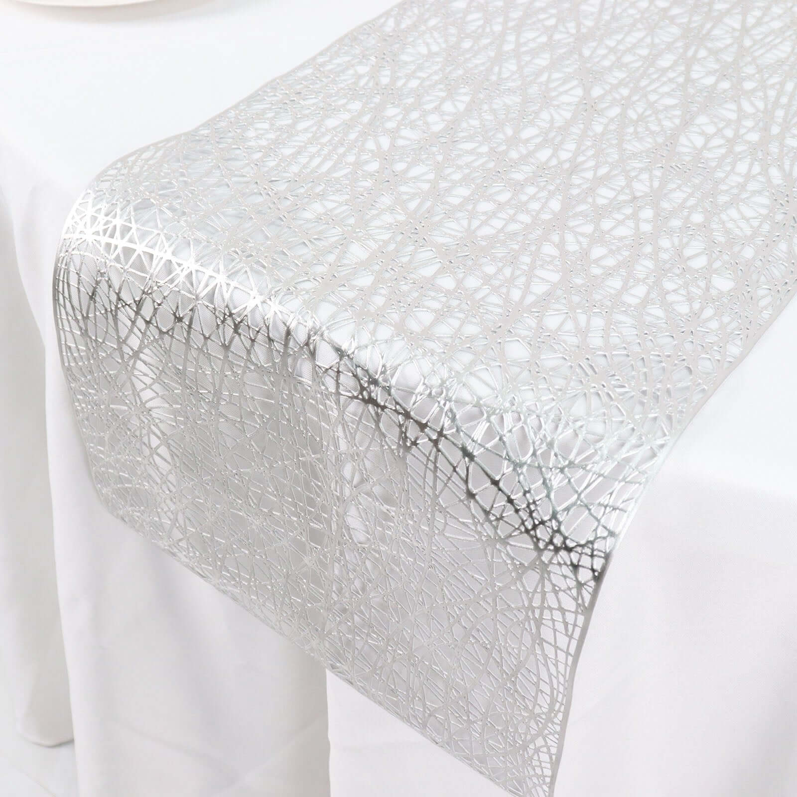 Plastic Woven Vinyl 13"x6ft Table Runner Metallic Silver - Non-Slip & Reversible Tabletop Decor