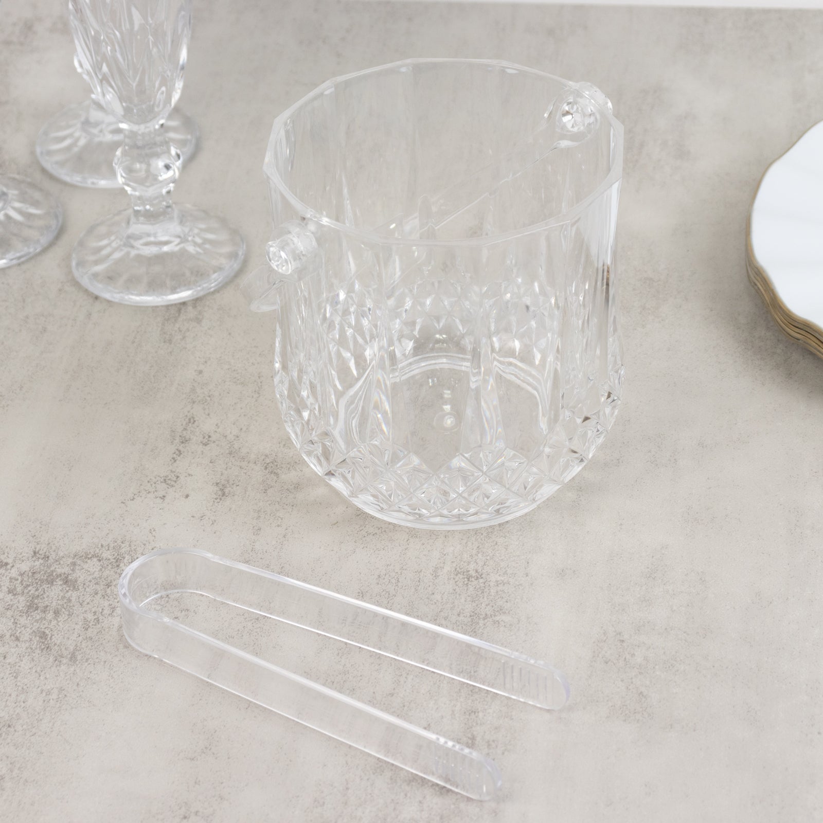 3-Pack Clear Plastic Small Ice Buckets with Handle & Tongs in Crystal-Cut Design 5"x5"