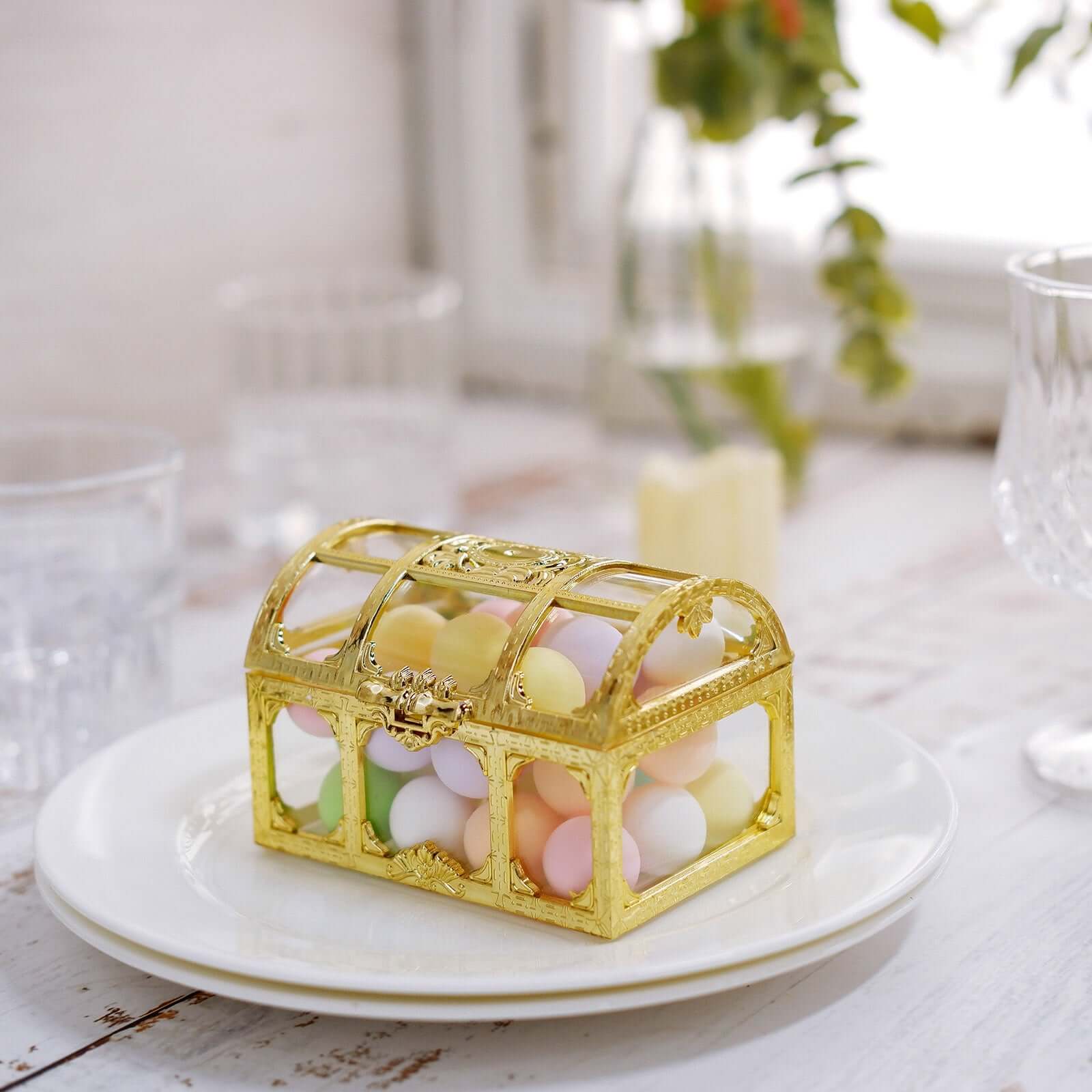 12-Pack Vintage Jewelry Box Candy Containers Clear Gold - Stylish Treasure Chest Favor Boxes 3.5"