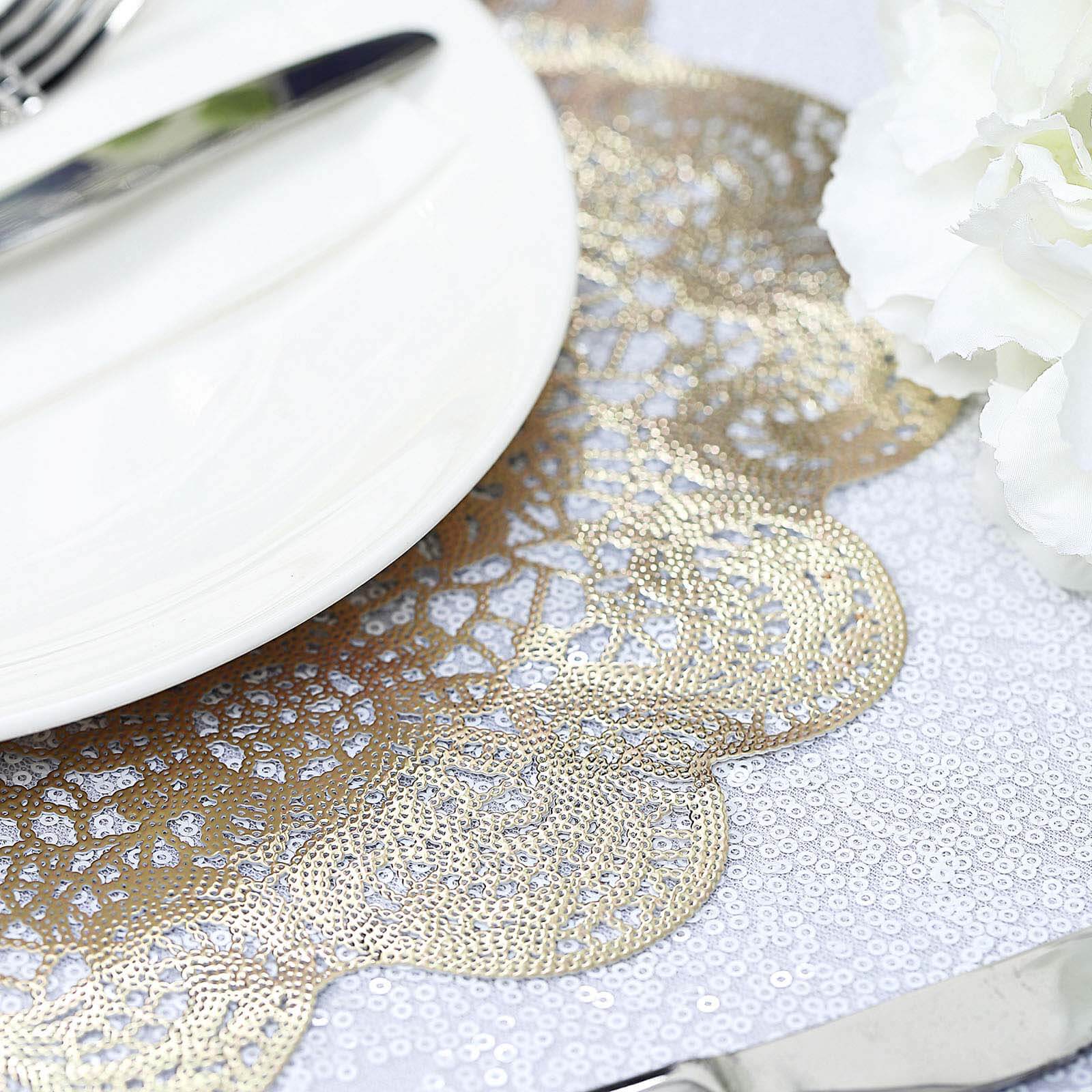 6-Pack Dining Table Mats Floral Lace Design Gold - Vinyl Non-Slip Surface with Vintage Appeal 15"