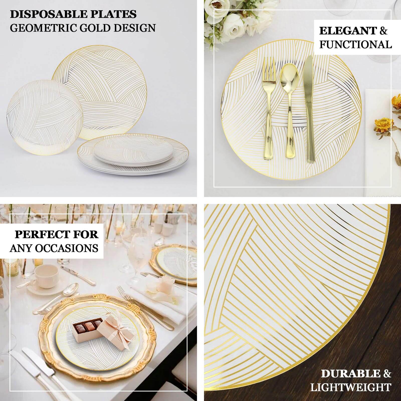 10-Pack Plastic 10" Round Dinner Plates in White with Gold Wave Brush Strokes Pattern - Disposable Party Plates for Modern & Classy Table Decor