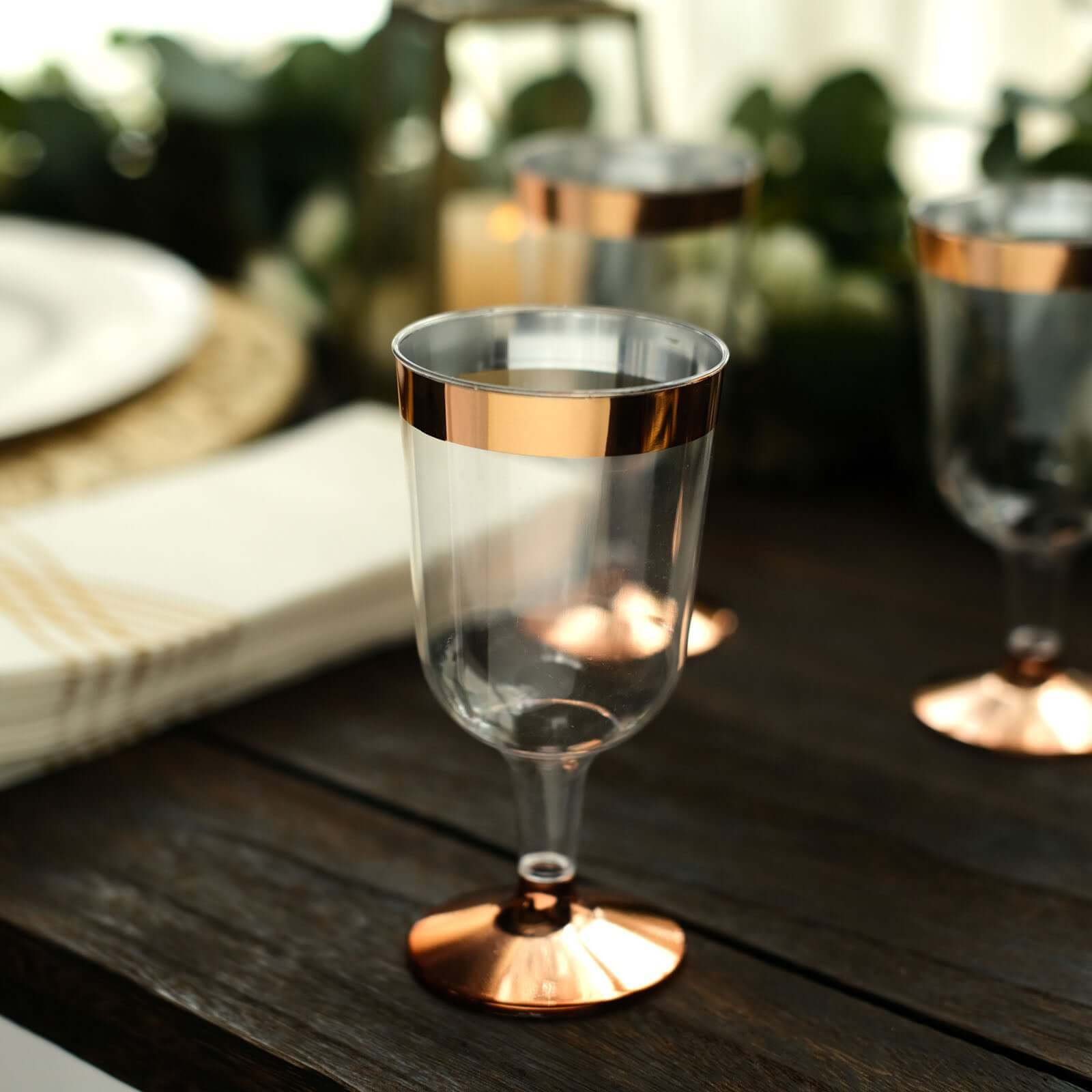 12-Pack Plastic Wine Glasses Clear with Rose Gold Rim - Classy Disposable Cups with Detachable Base for Weddings & Special Occasions 6oz