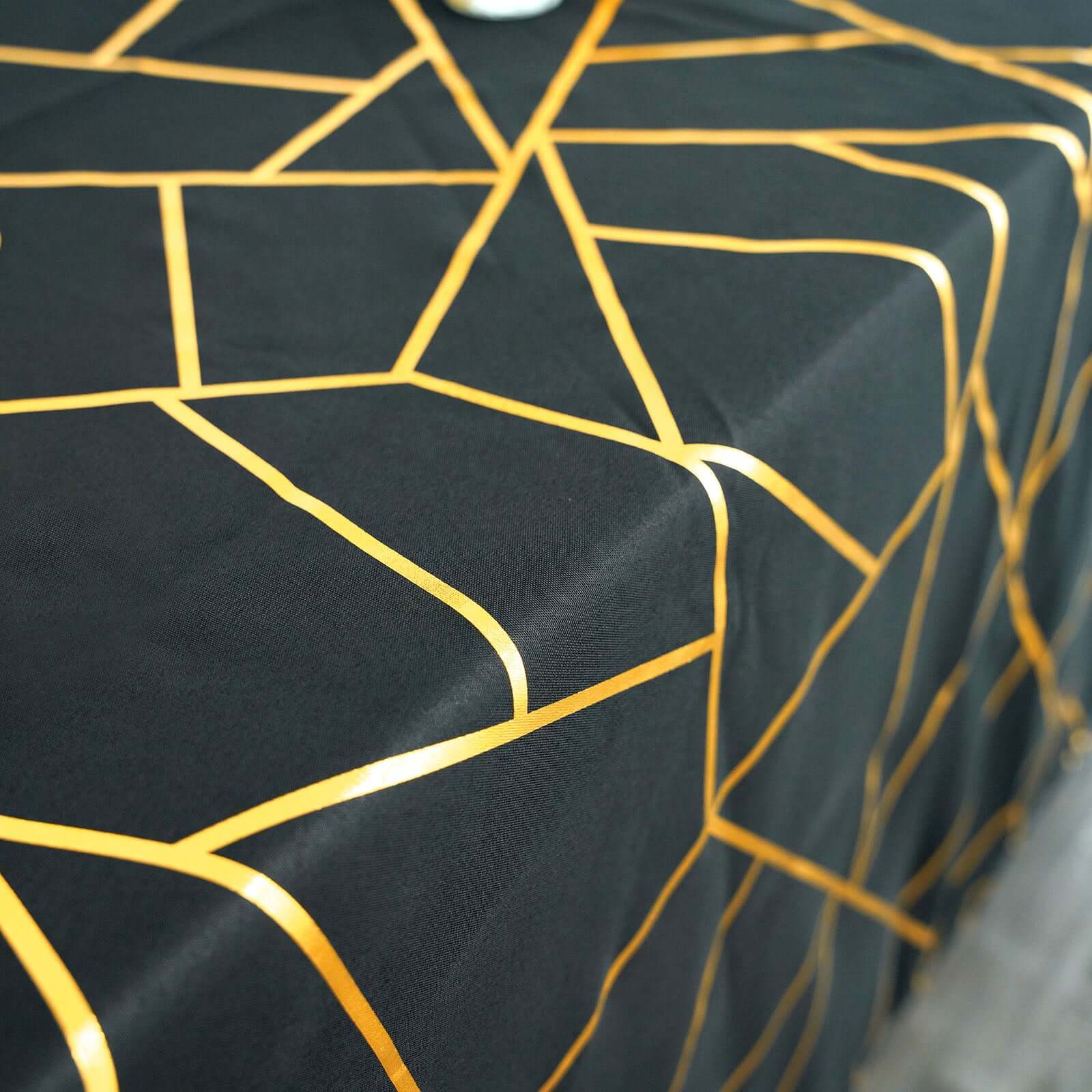 Polyester 60"x102" Rectangle Tablecloth Black with Gold Foil Geometric Pattern - Wrinkle-Resistant & Durable Table Cover