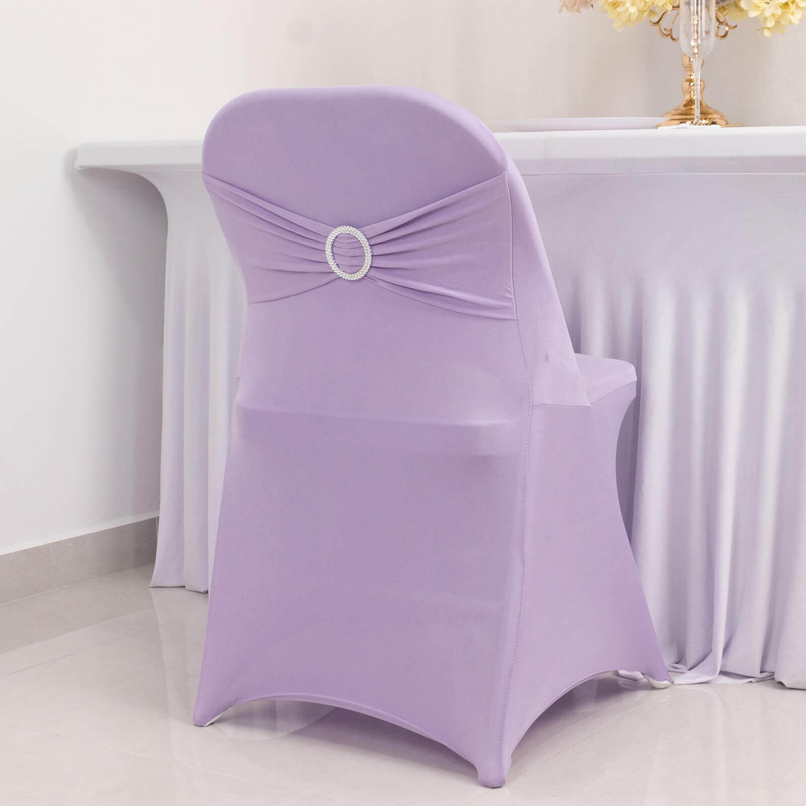 Stretch Spandex Chair Cover Lavender Lilac for Folding Chairs - Secure Fit Slipcover with Silver Rhinestone Buckled Sash Band