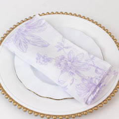 5 Pack Polyester 20"x20" Dinner Napkins White with Lavender Lilac French Toile Pattern - Reusable Floral Cloth Napkins