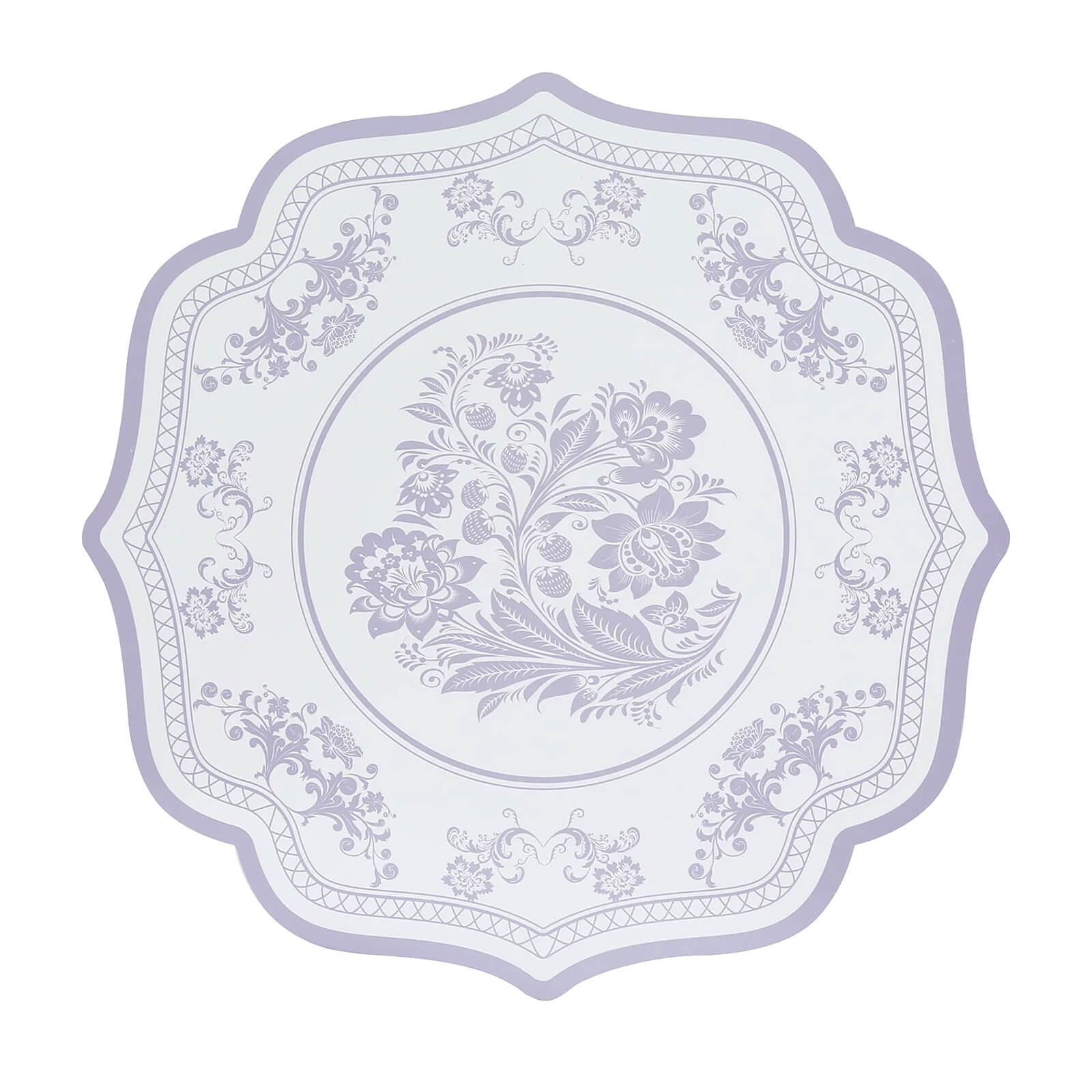 10-Pack Disposable Table Placemats 13" Round Placemats in White with Lavender Damask Floral Pattern & Scalloped Rim - 400GSM Cardboard Placemats for Stylish Table Setting