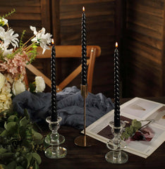 12-Pack Taper Candles Spiral Long Burn Wick Design Black - Premium Unscented Wax Dinner Candle Sticks 11"