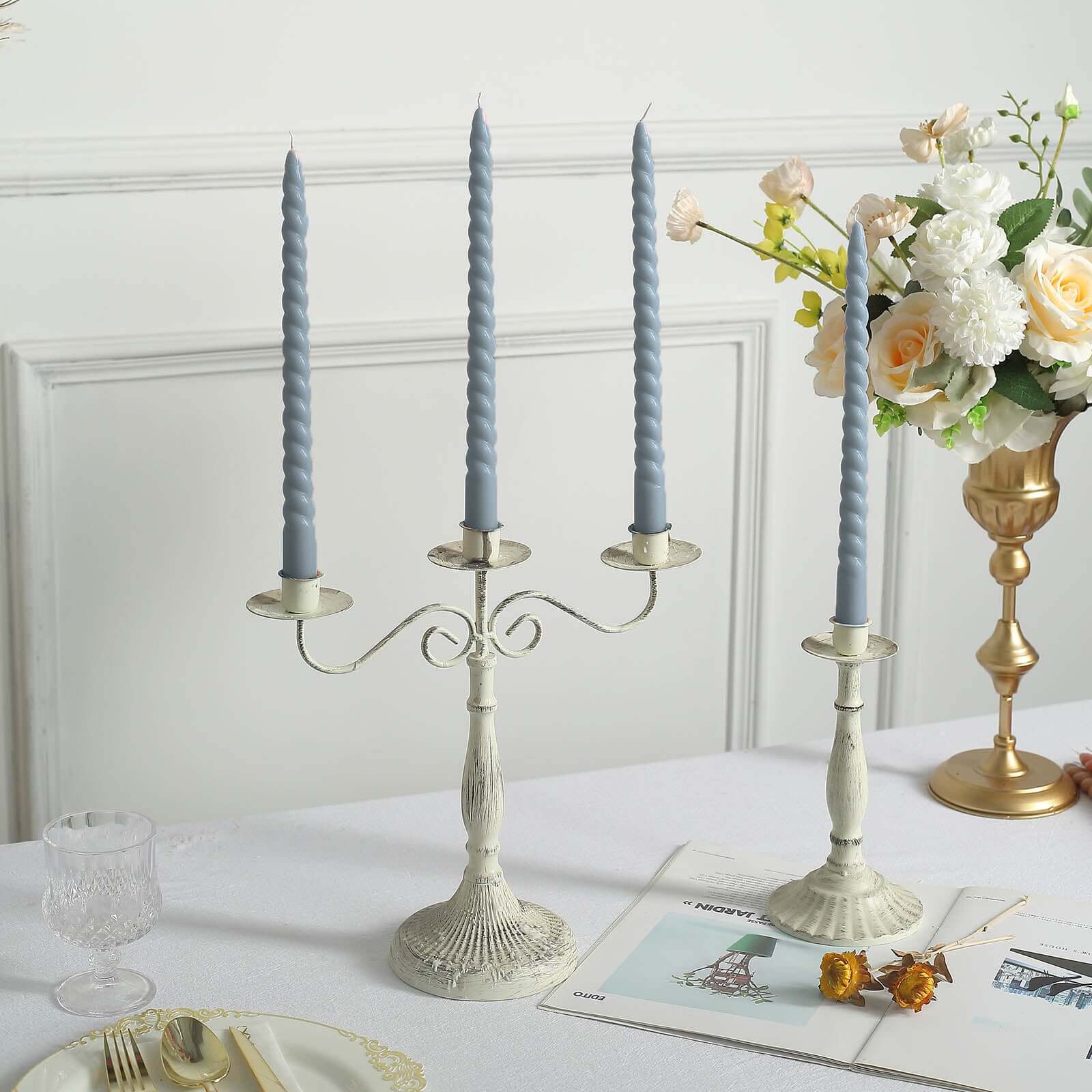 12-Pack Taper Candles Spiral Long Burn Wick Design Dusty Blue - Premium Unscented Wax Dinner Candle Sticks 11"