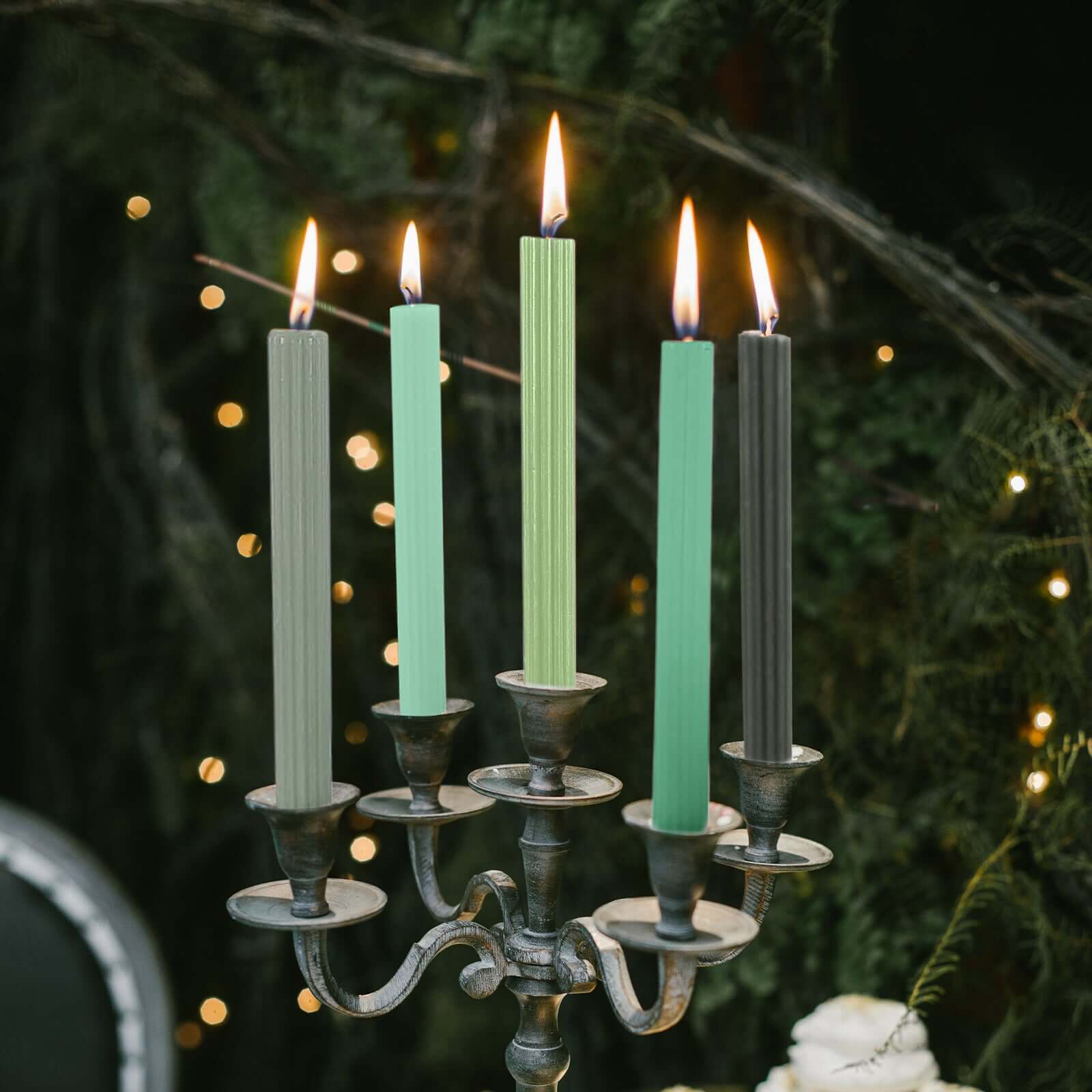 5-Pack Taper Candles Ribbed Wick Ribbon Wax Design Assorted Green - Premium Unscented Dinner Candles 9"
