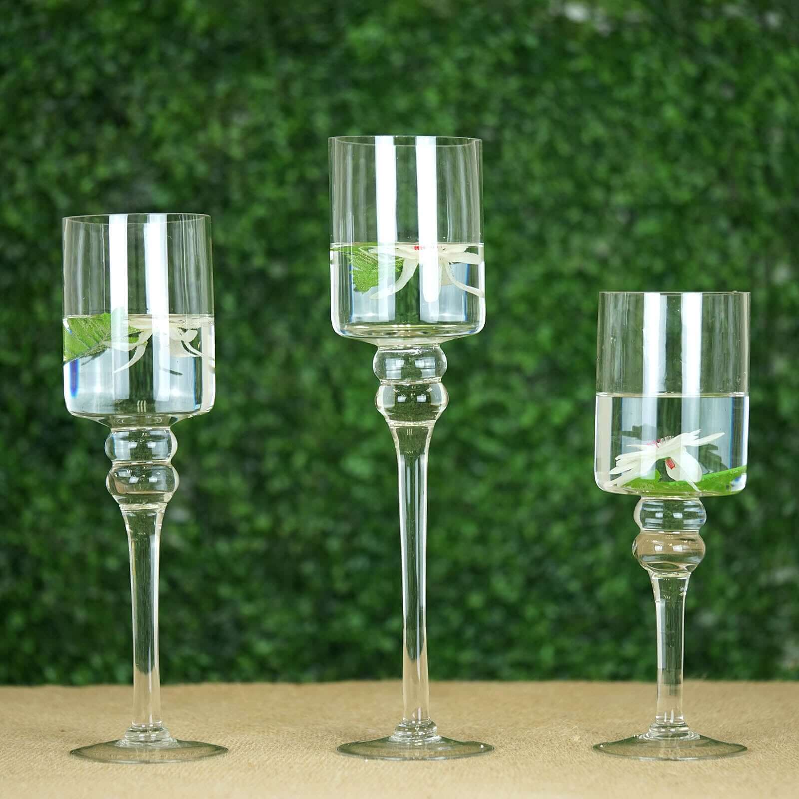 Set of 3 Glass Cylinder Vases Long Stem Clear - Decorative Candle Holder Floral Centerpieces 12", 14", 16"