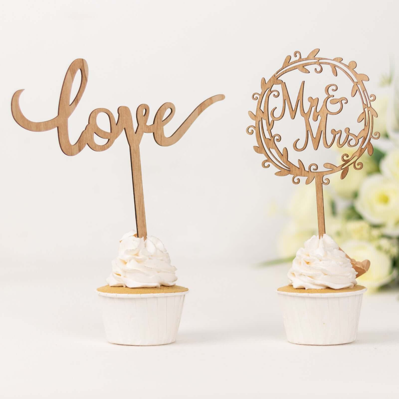 Set of 2 Wooden Cake Toppers Mr & Mrs and Love Design Natural - Rustic Wedding Cupcake Decorations