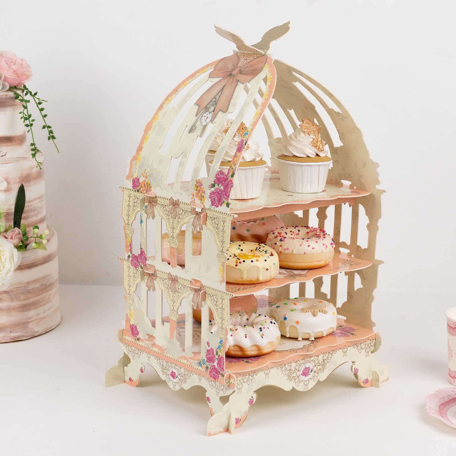3 Tier Cardboard Cupcake Stand White/Peach Birdcage Style - Charming Reusable Cake Display Holder with Floral Print for Dessert Bars Afternoon Teas & Party Decor 18"