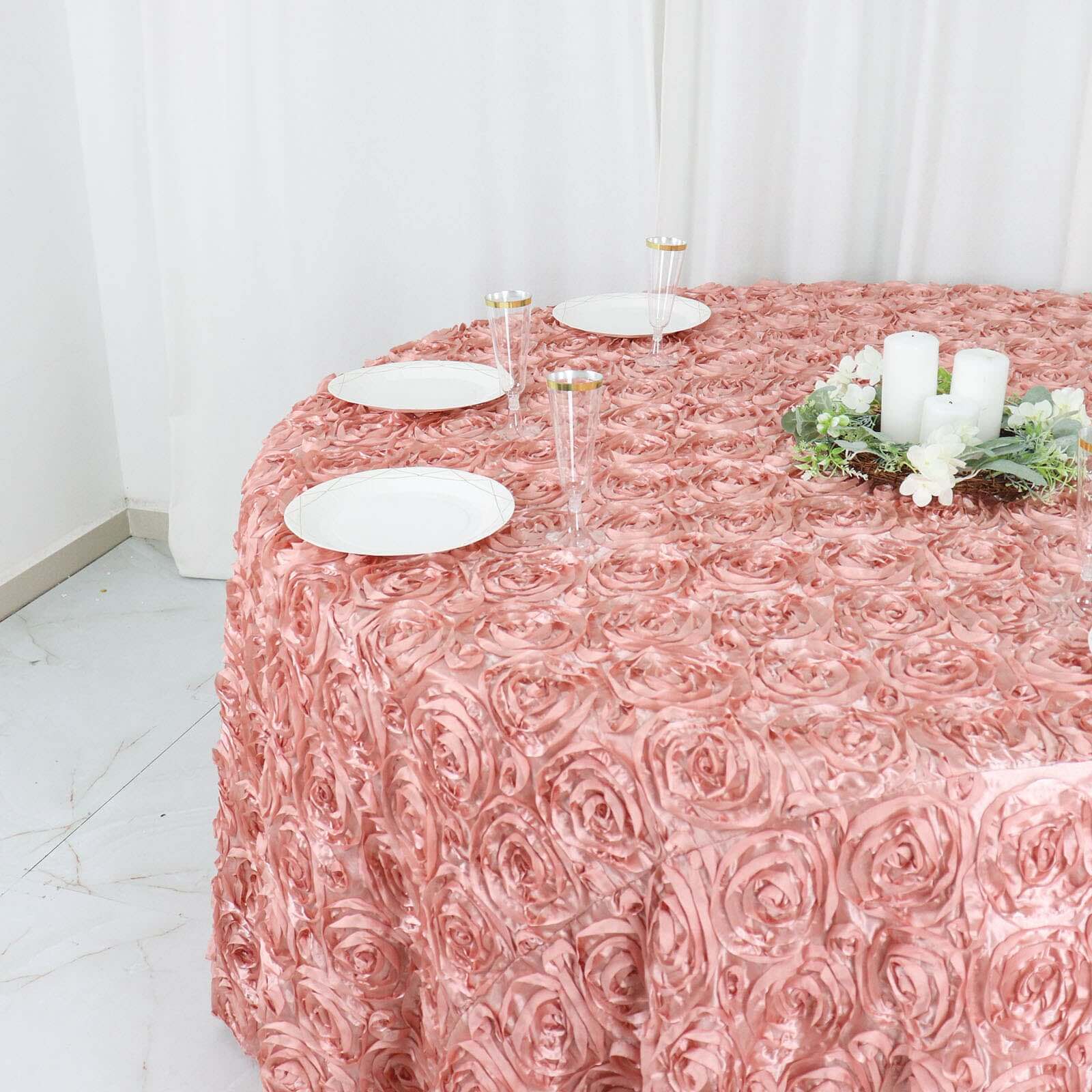 Satin 120" Round Tablecloth Dusty Rose - Grandiose 3D Rosette with Seamless Finish Table Cover