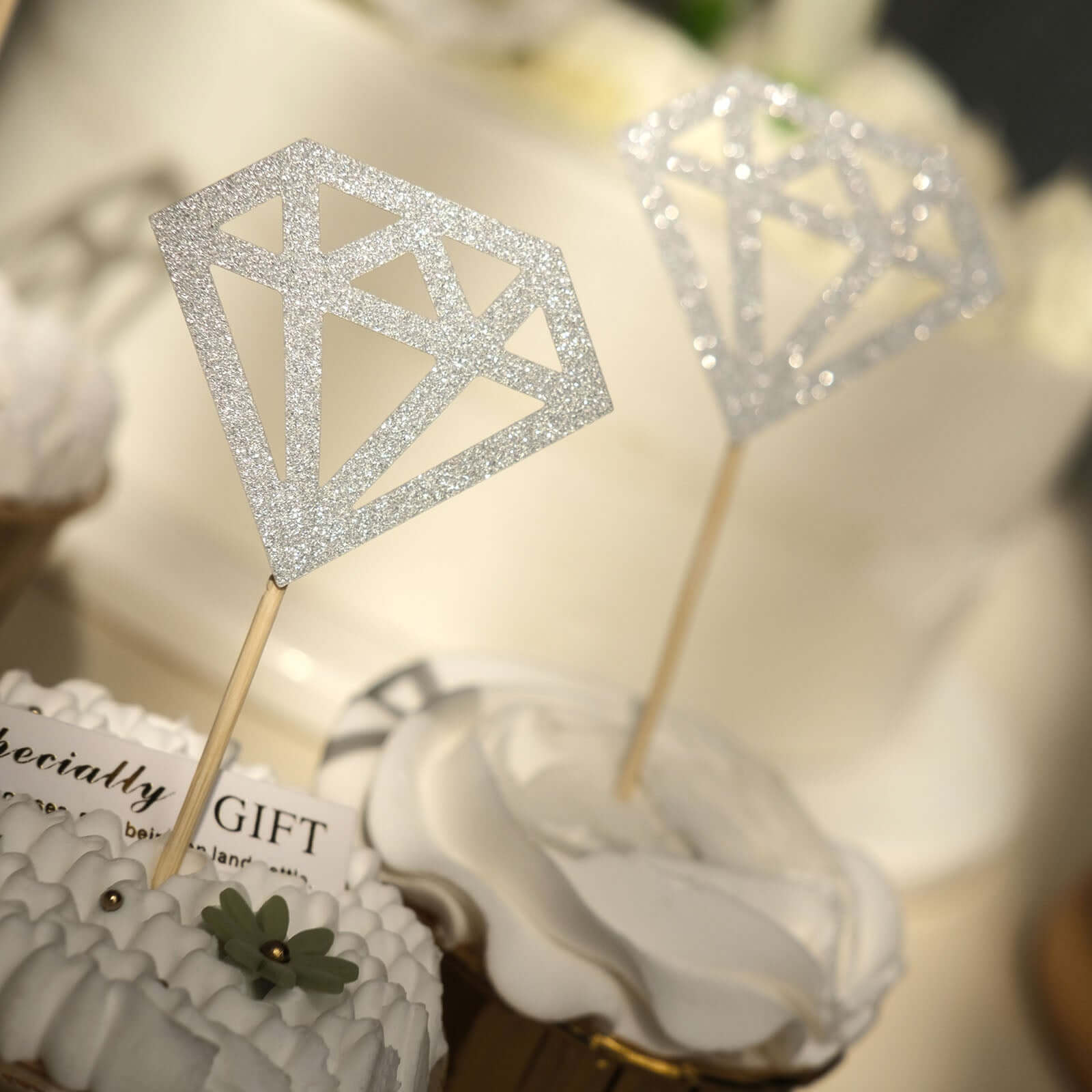 24-Pack Cupcake Toppers Diamond Ring Design Glitter Silver - Party Cake Picks Engagement Decoration Supplies