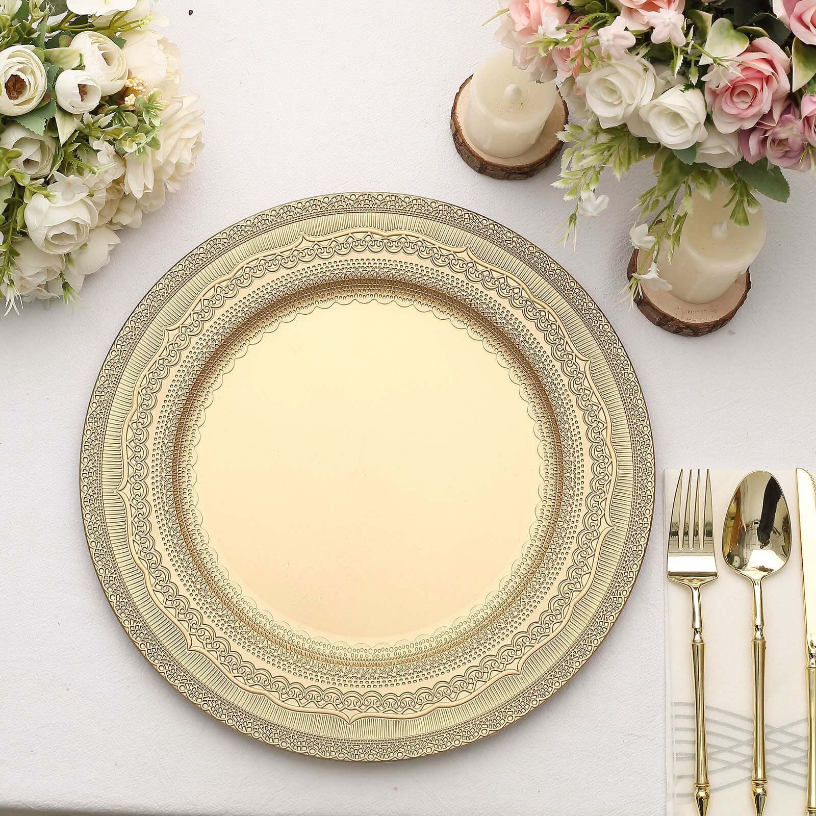 6-Pack Acrylic Round Charger Plates 13" in Gold with Lace Embossed Rim, Rustic Plastic Decorative Charger Tableware