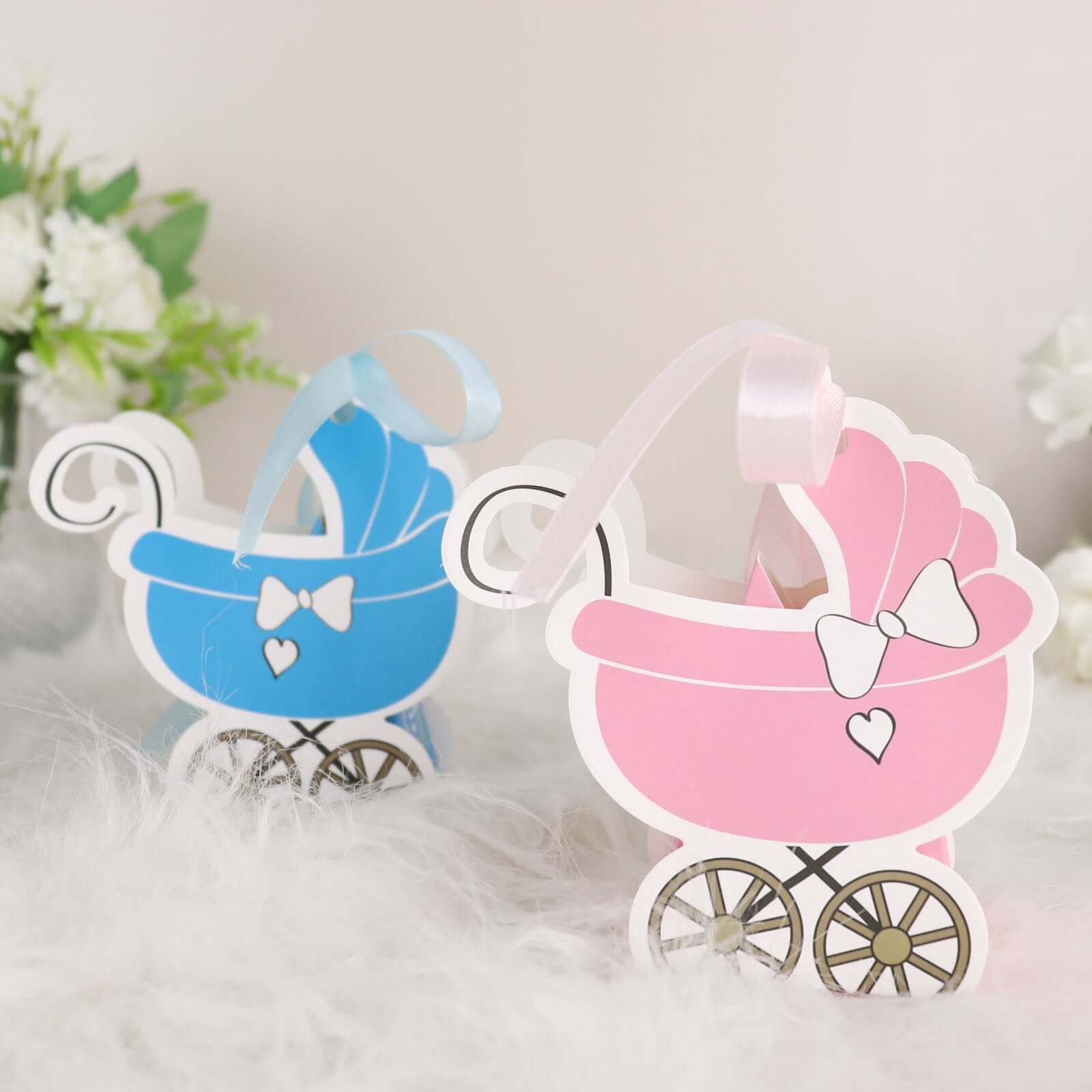 25 Pack Pink Baby Paper Stroller Party Favor Gift Boxes, Cardstock Carriage Candy Boxes with Ribbon Ties - 4.5"x2"x4"