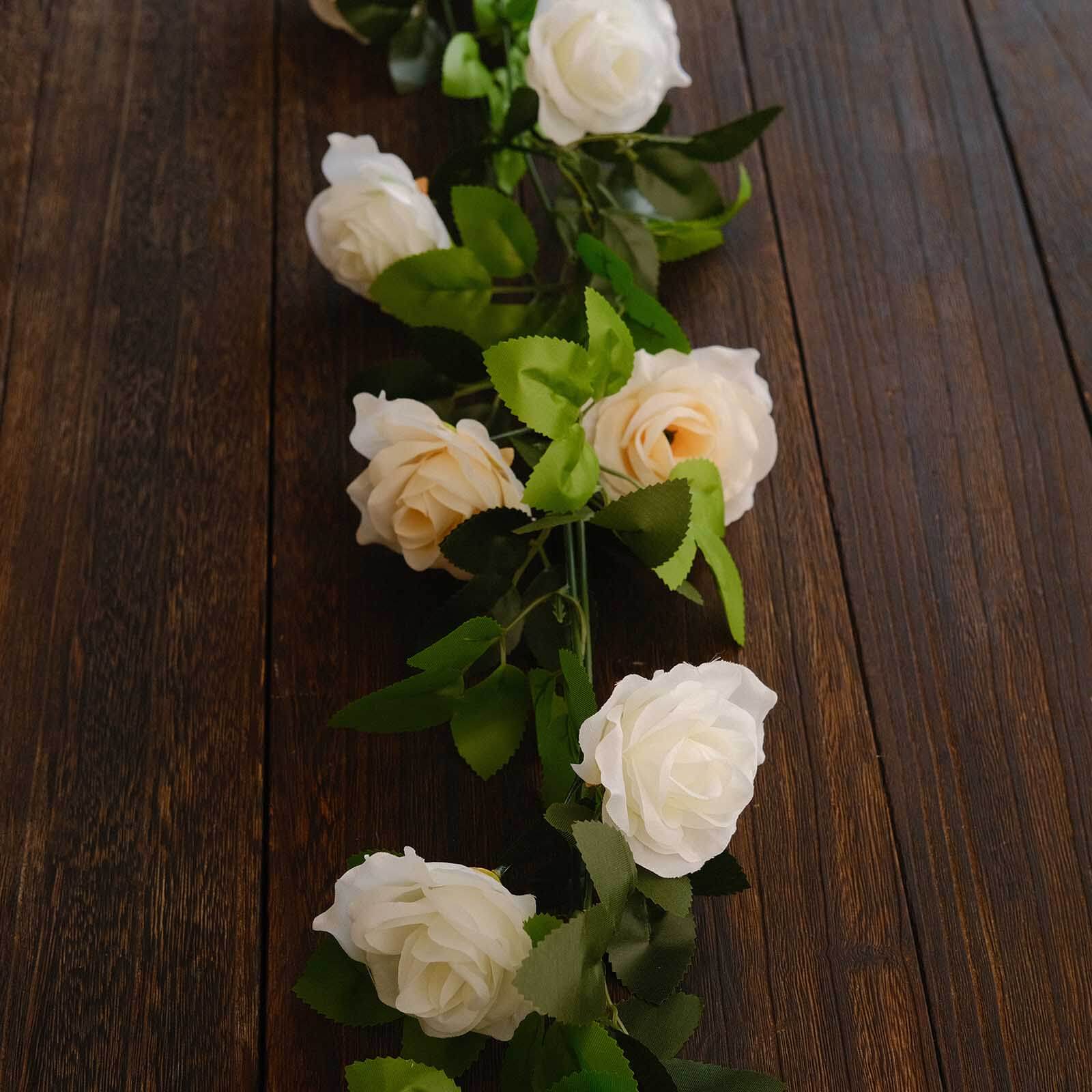2 Pack 7ft Cream Ivory Artificial Silk Flower Garland Mini Rose Vines with 26 Flower Heads