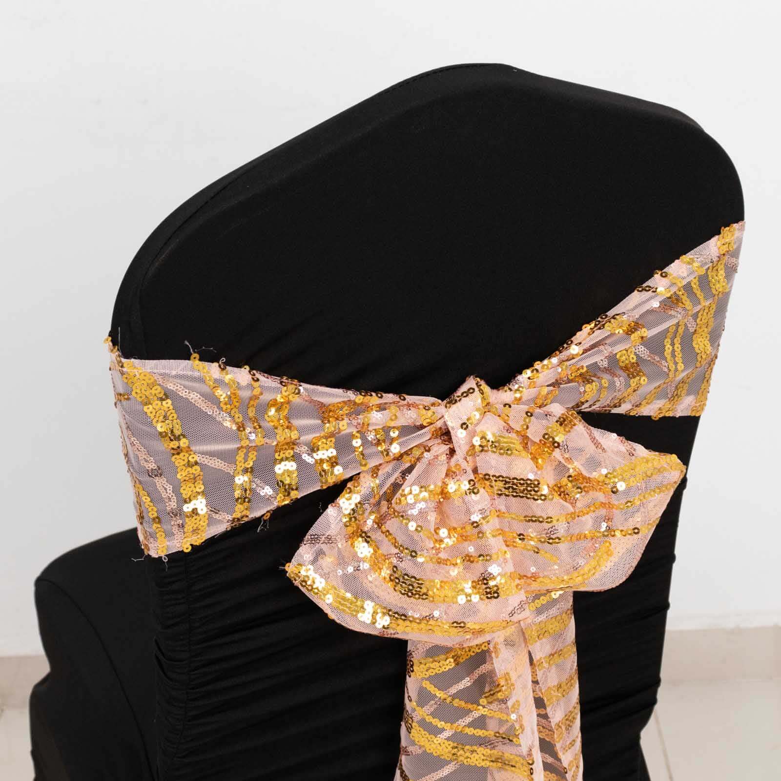 5 Pack Chair Sashes with Wave Embroidered Sequins Rose Gold/Gold 6"x88"