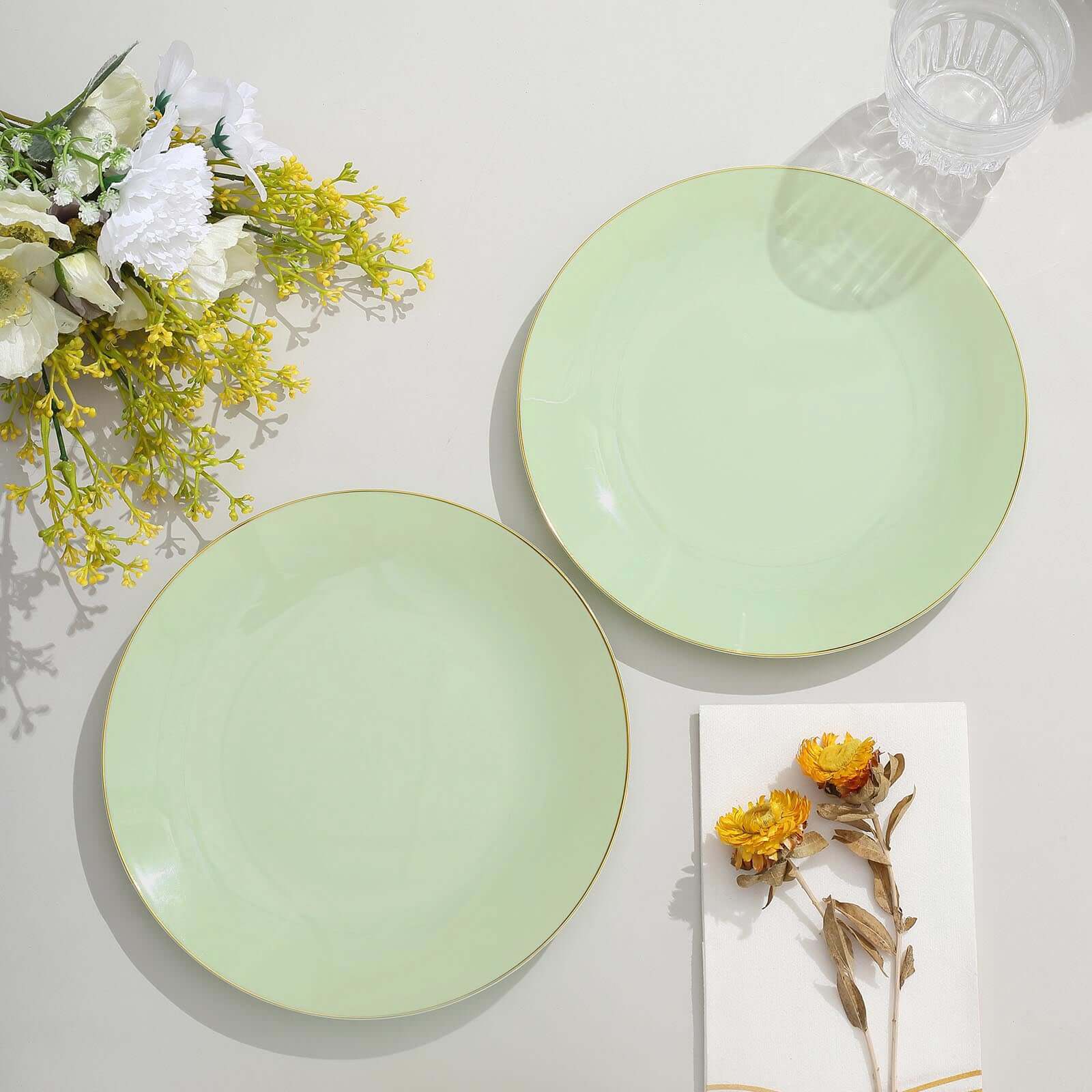 10-Pack Plastic 8" Round Dessert Plates in Sage Green with Gold Rim - Glossy Disposable Appetizer Salad Plates