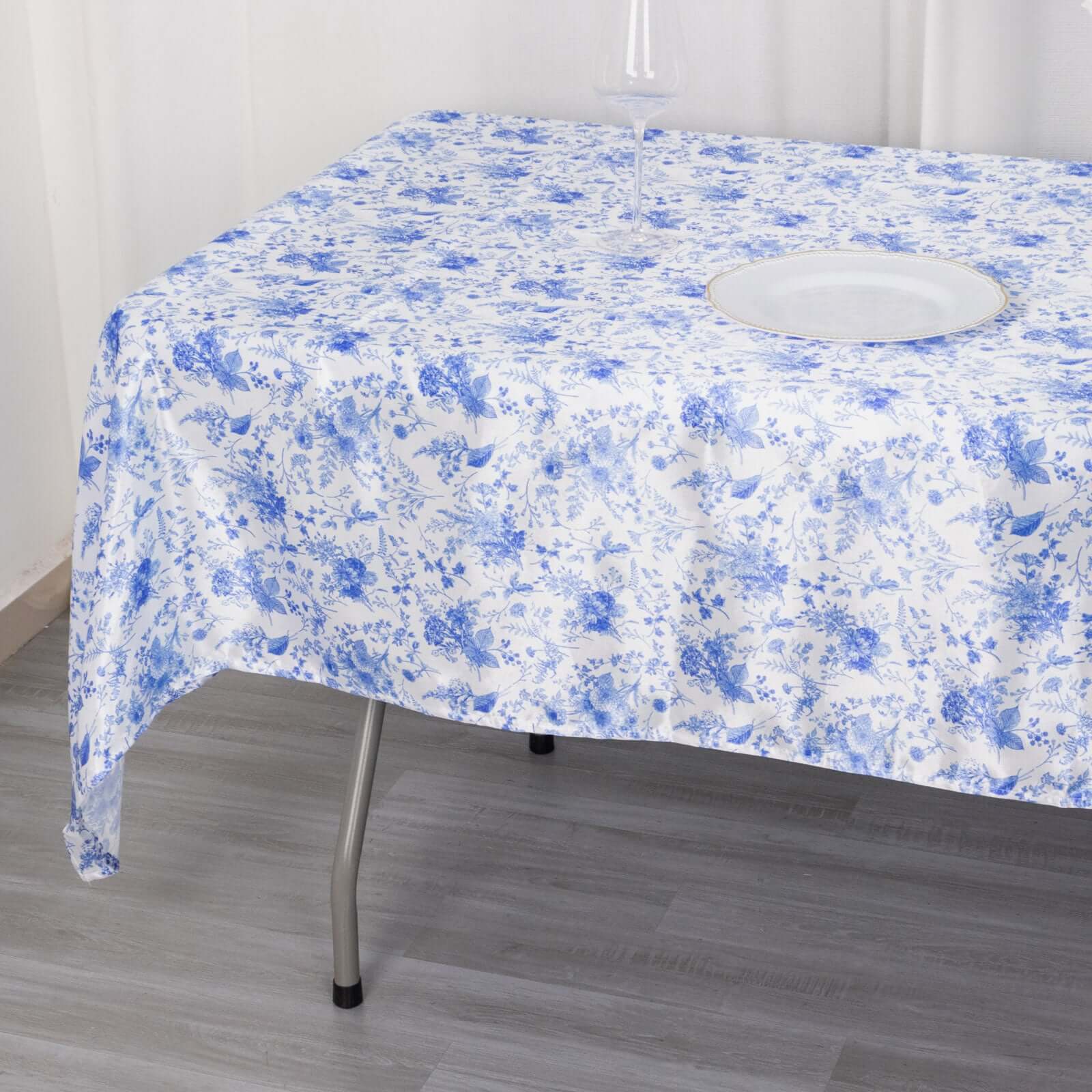 Satin Rectangular 60"x102" Tablecloth White/Blue French Toile Design - Stylish & Wrinkle-Resistant Table Cover