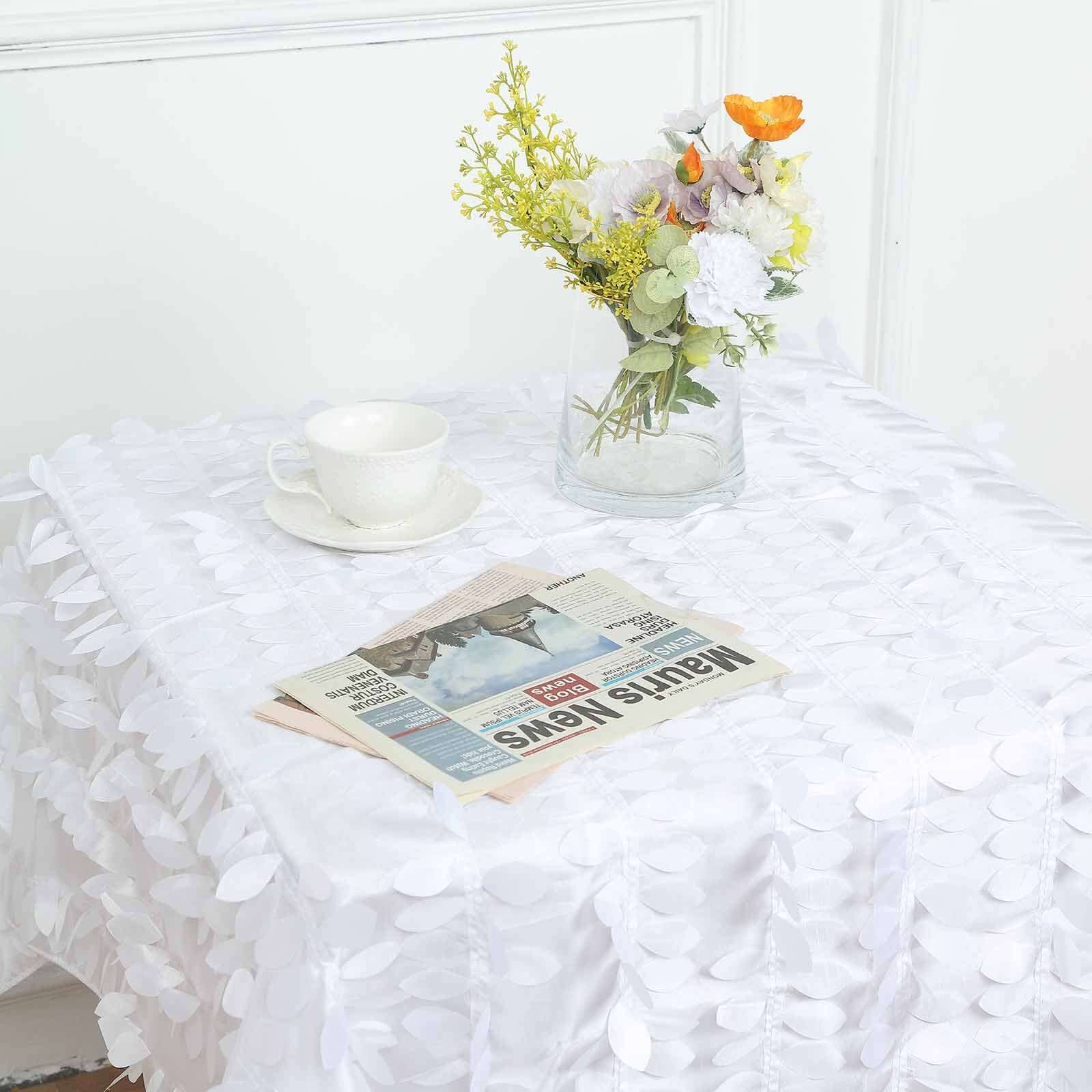 Taffeta 54"x54" Square Tablecloth White | Exquisite 3D Leaf Petal Design for Chic Wedding & Event Decor