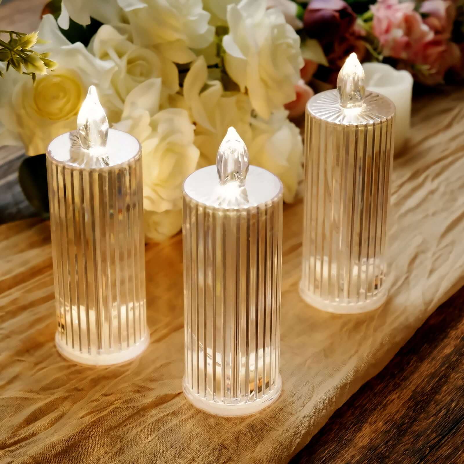3-Pack LED Flameless Candle Lamps Diamond Acrylic Design Clear Warm White - Battery Operated Pillars 6"
