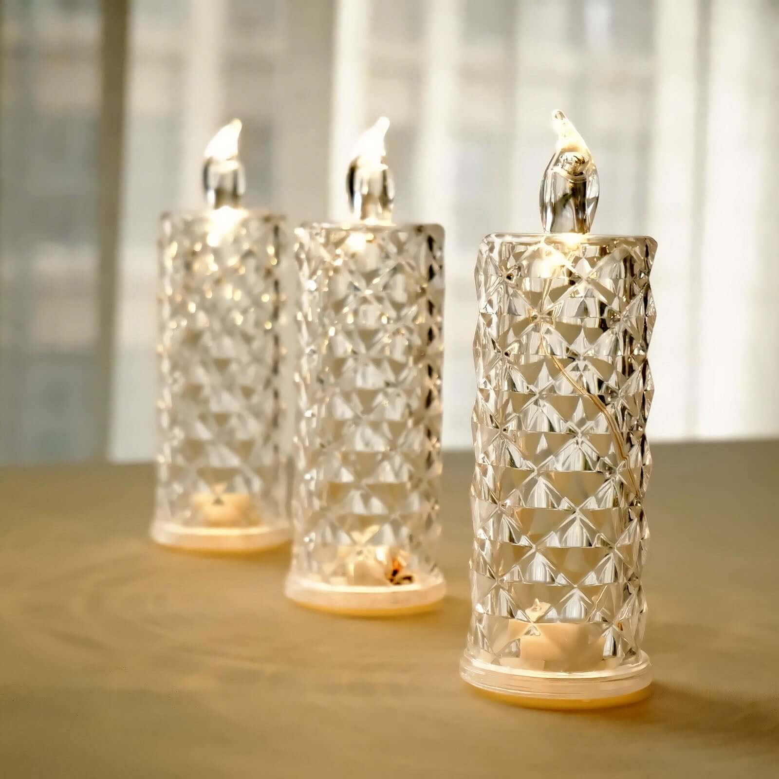 3-Pack LED Flameless Candle Lights Rose Halo Acrylic Diamond Pattern Warm White - Pillar Lamps 6"