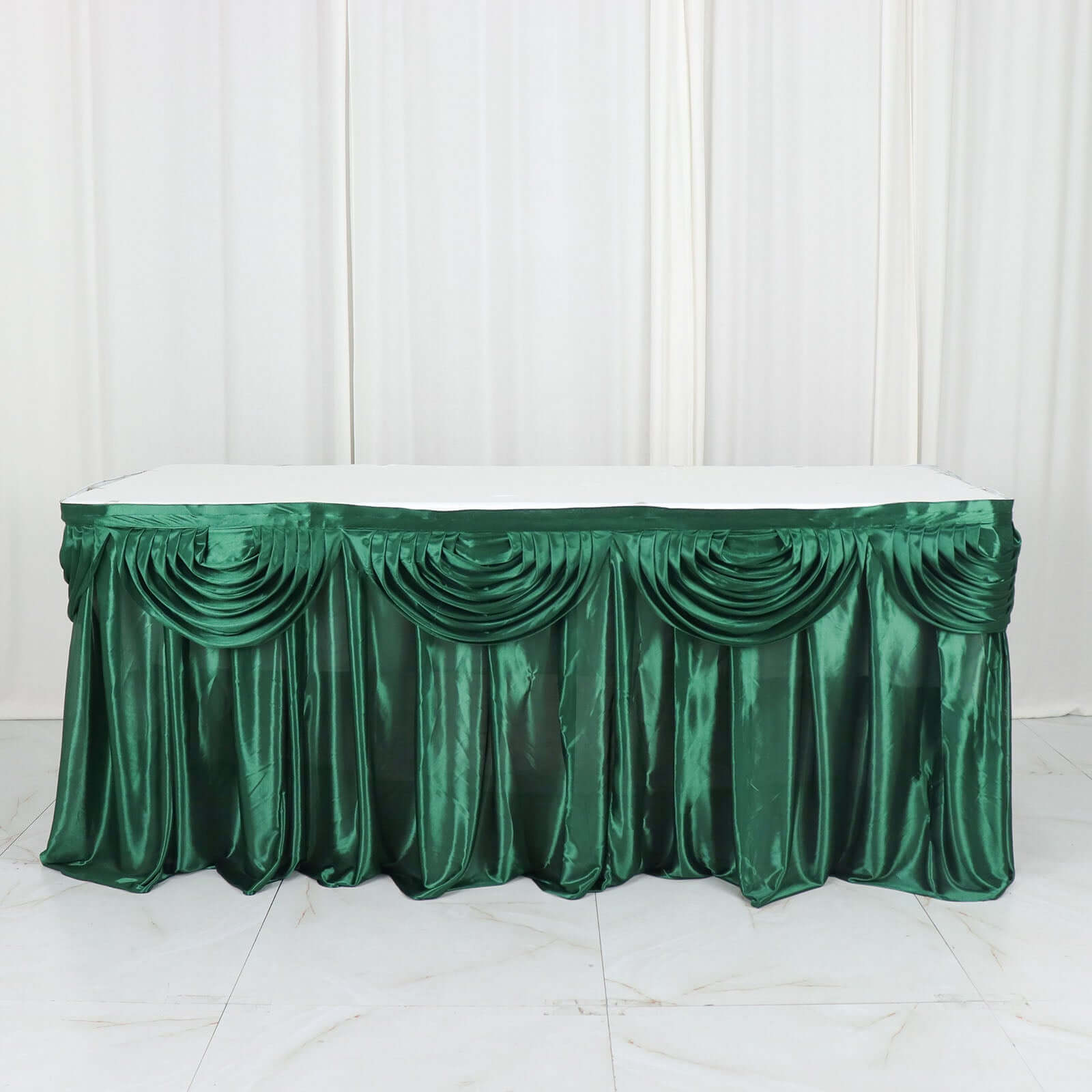 Satin 14ft Table Skirt Hunter Emerald Green - Pleated Double Drape Table Cover