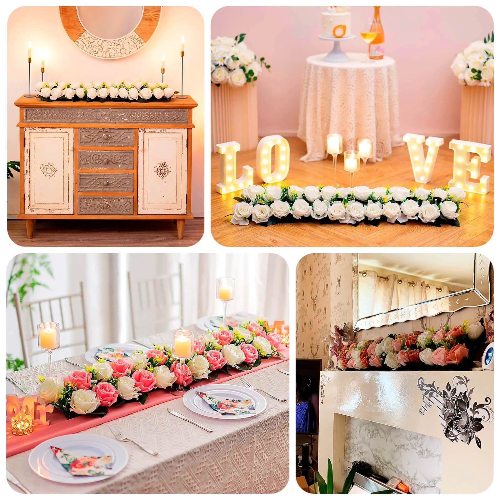 6 Pack Red Ivory Silk Rose Flower Panel Table Runner, Artificial Floral Arrangements Wedding Table Centerpiece - 20"x8"