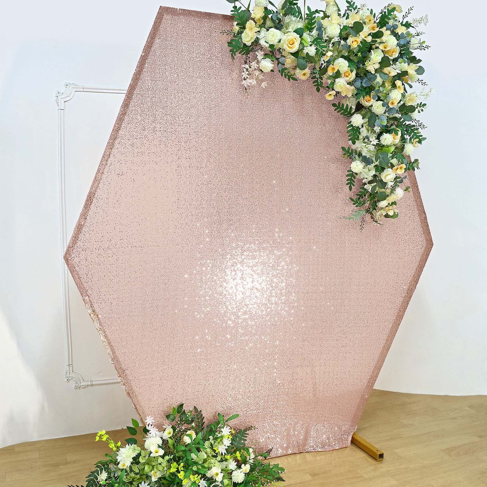 8ftx7ft Rose Gold Shiny Sequin Hexagon Backdrop Stand Cover, Shiny Sparkle 2-Sided Custom Fit Wedding Arch Cover