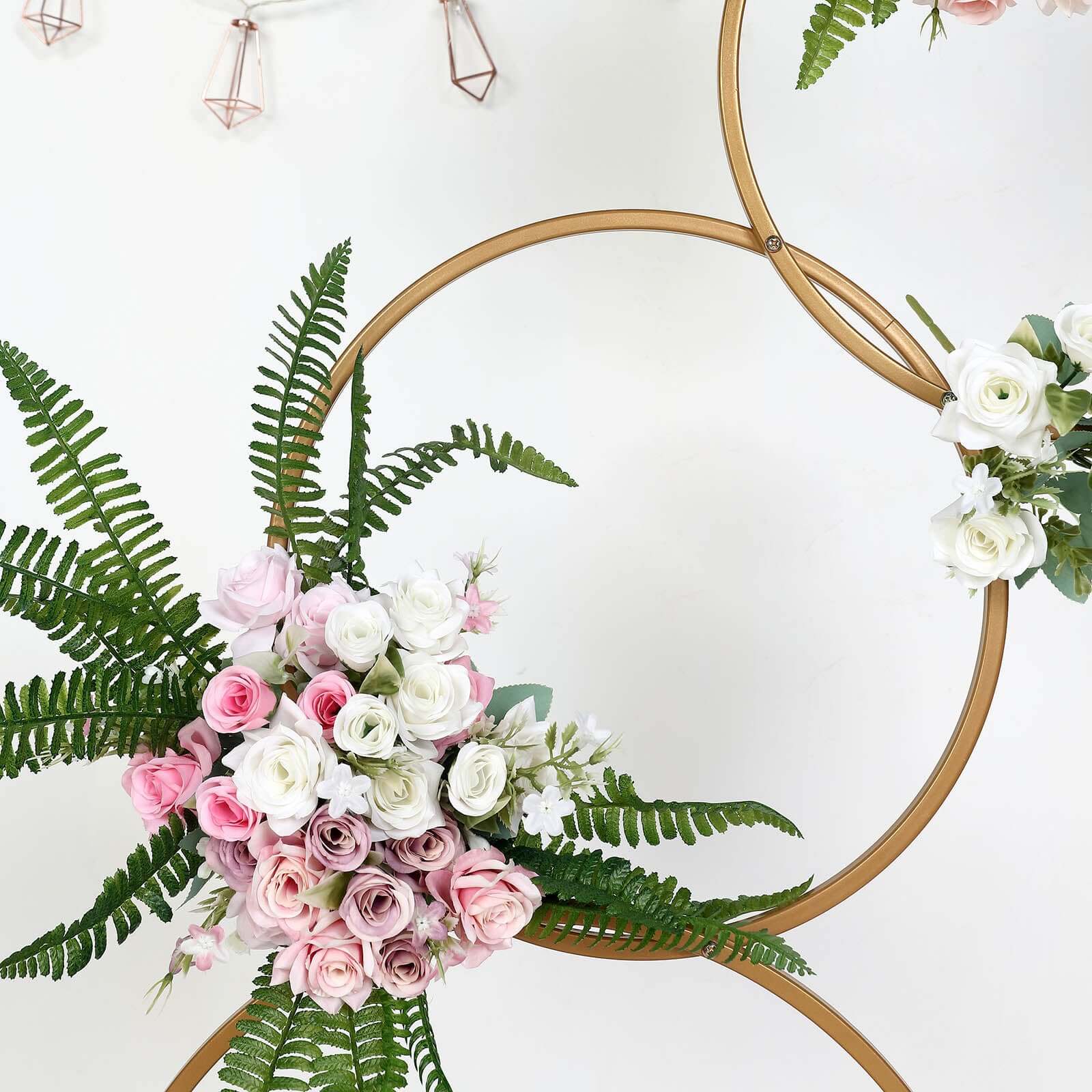 5ft 4-Tiered Gold Hoop Pillar Flower Stand, Metal Wedding Arch Table Centerpiece - Hoop Wreath