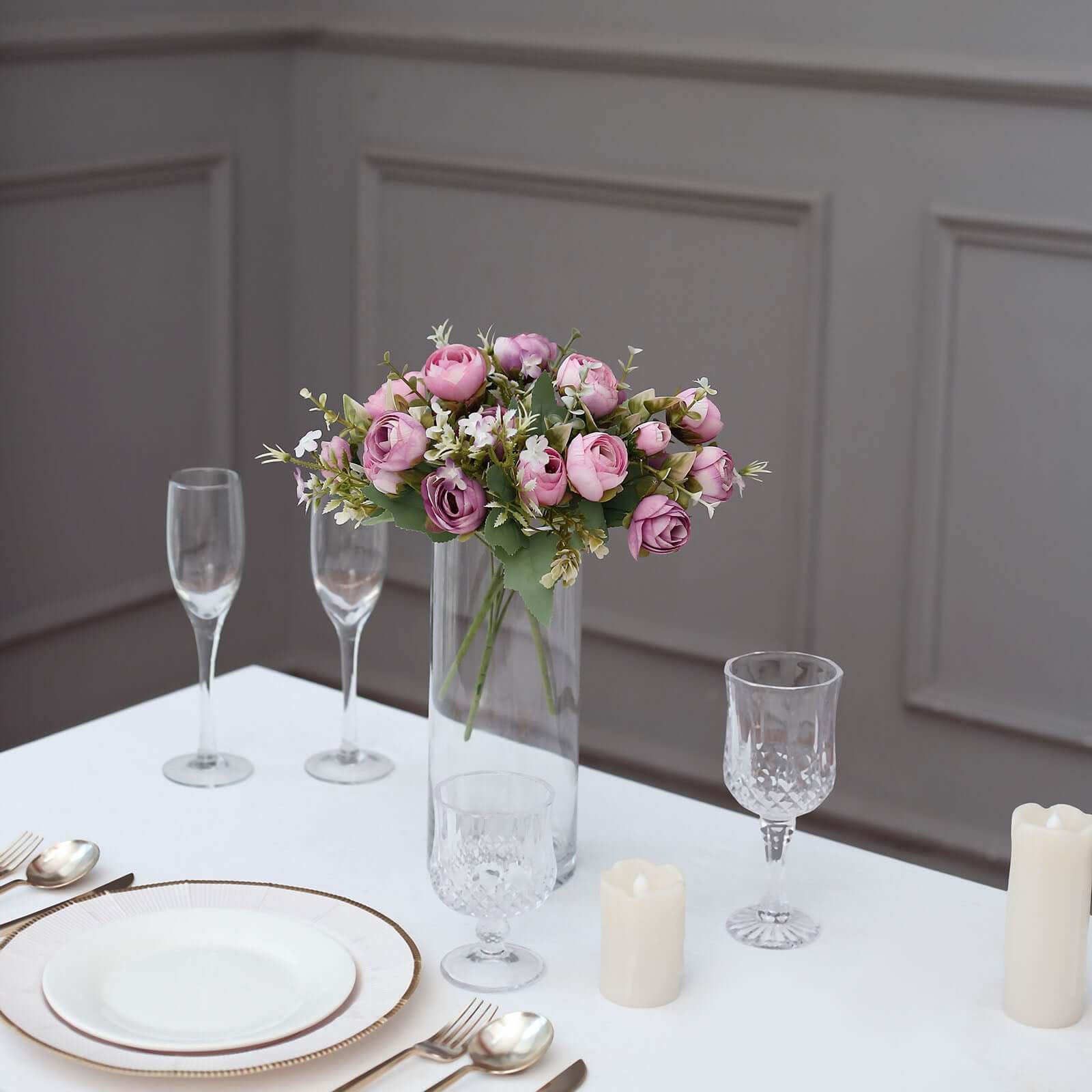 4 Pack 12" Artificial Dusty Rose Ranunculus Silk Flower Bridal Bouquets, Faux Buttercup Floral Arrangement