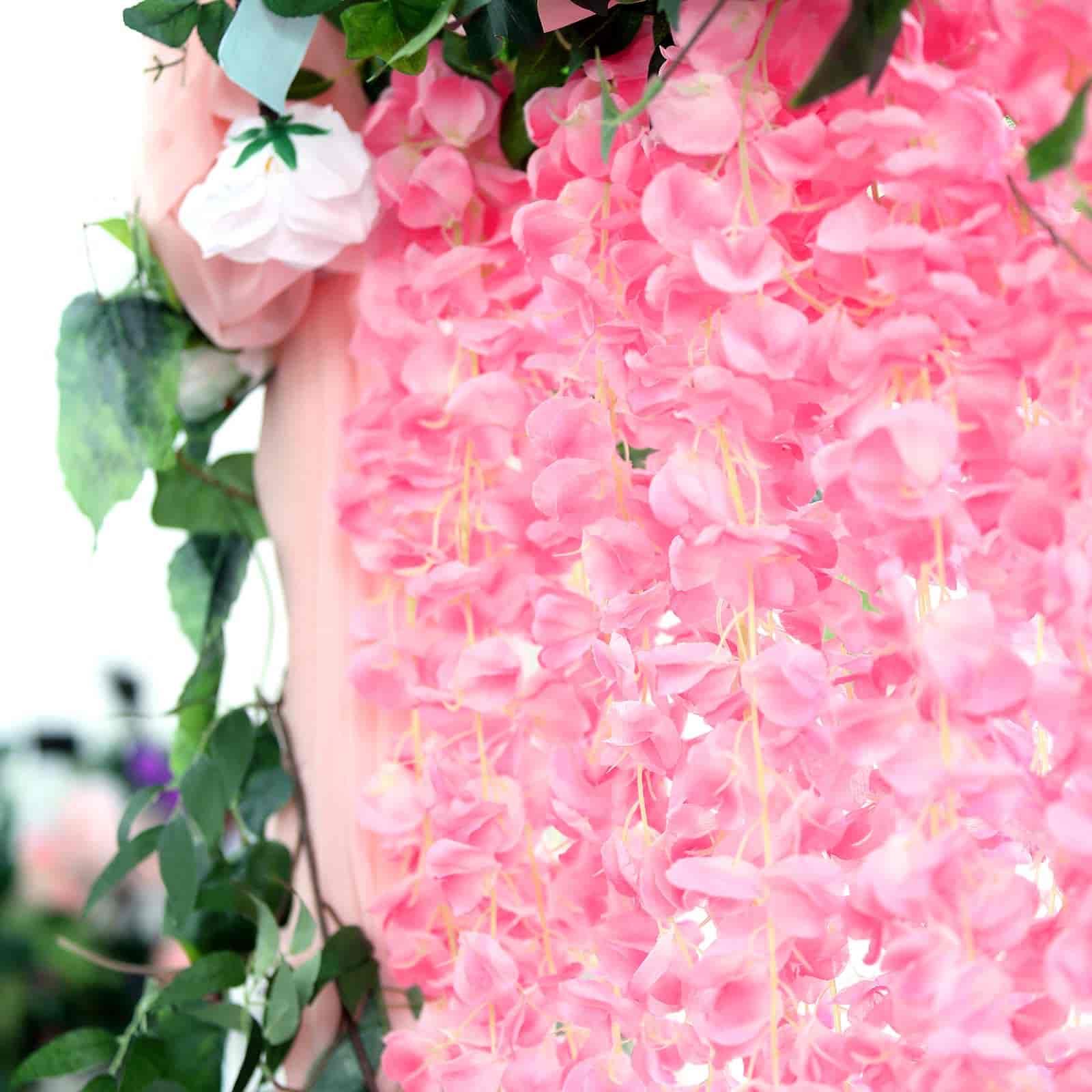 42" Silk Hanging Wisteria Flower Garland Vines in Pink, Elaborated 5 Full Strands in 1 Bush