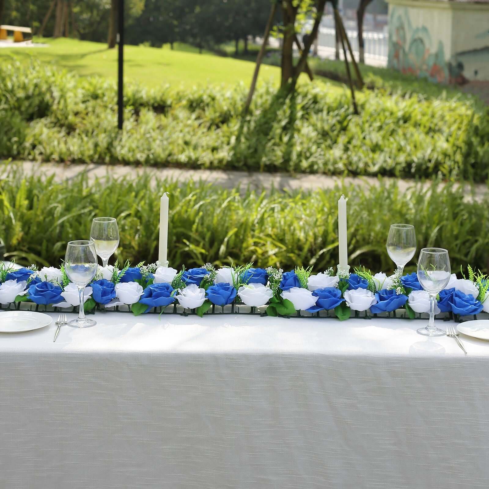 6 Pack White Royal Blue Silk Rose Flower Panel Table Runner, Artificial Floral Arrangements Wedding Table Centerpiece - 20"x8"