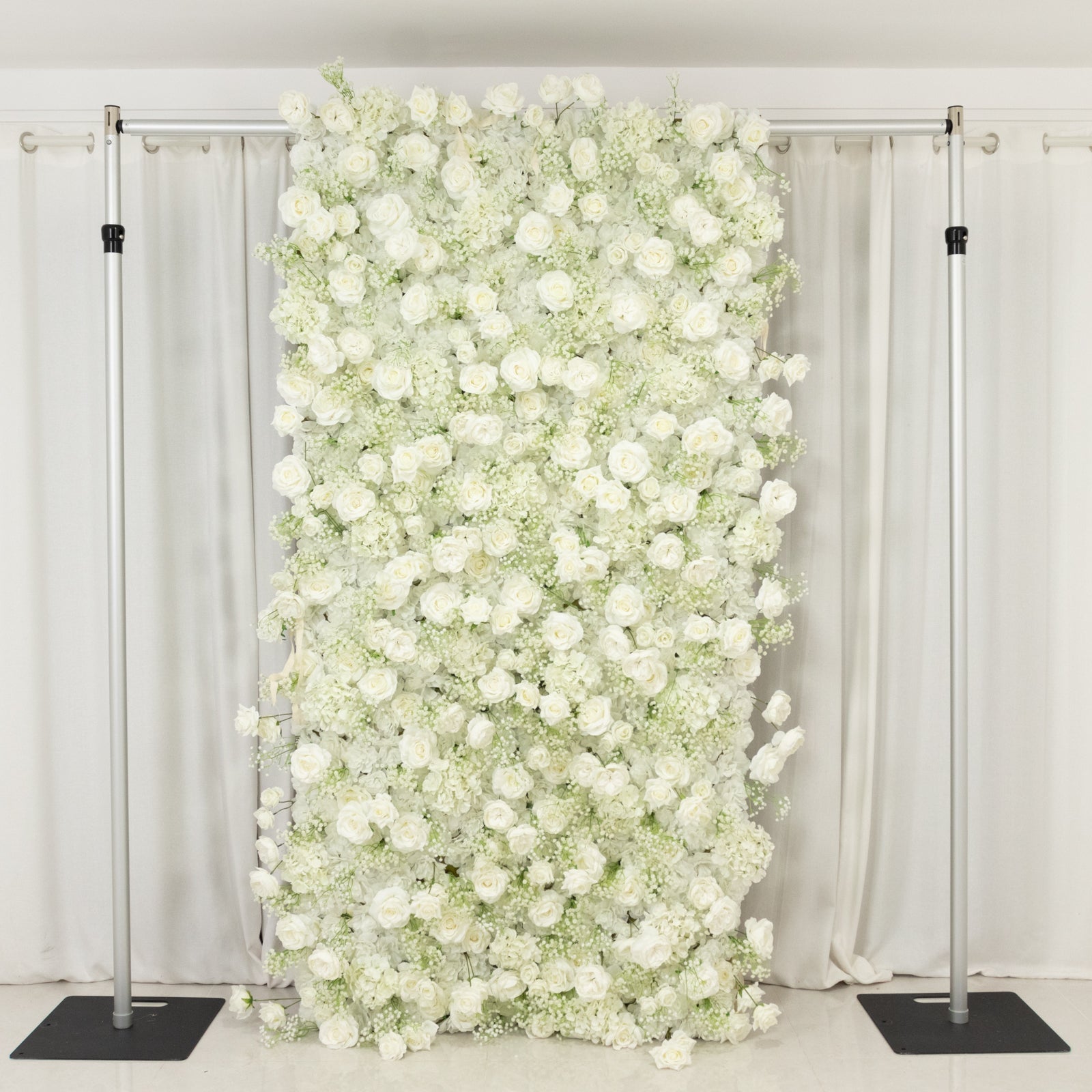 8ftx4ft Roll Up Artificial Flower Wall Panel Backdrop with White Silk Roses & Baby's Breath