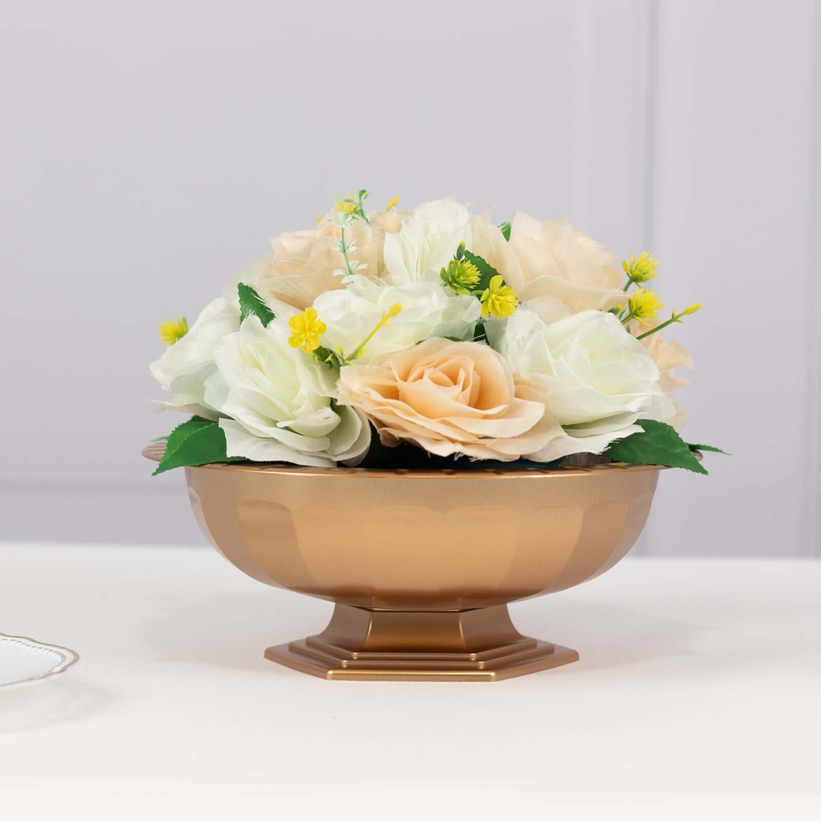 3-Pack Plastic Footed Compote Bowl Flower Vases Roman Style Gold - Round Decorative Pedestal Table Centerpieces 10"