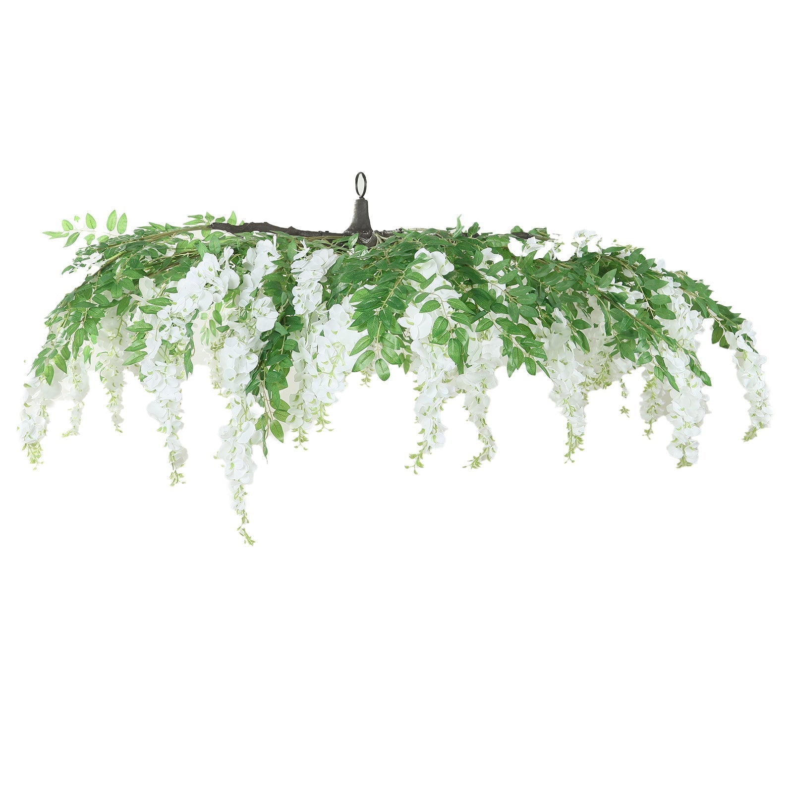 55" White Artificial Silk Wisteria Vine Round Hanging Canopy, Draping Garland Flower Chandelier With Interchangeable Branches