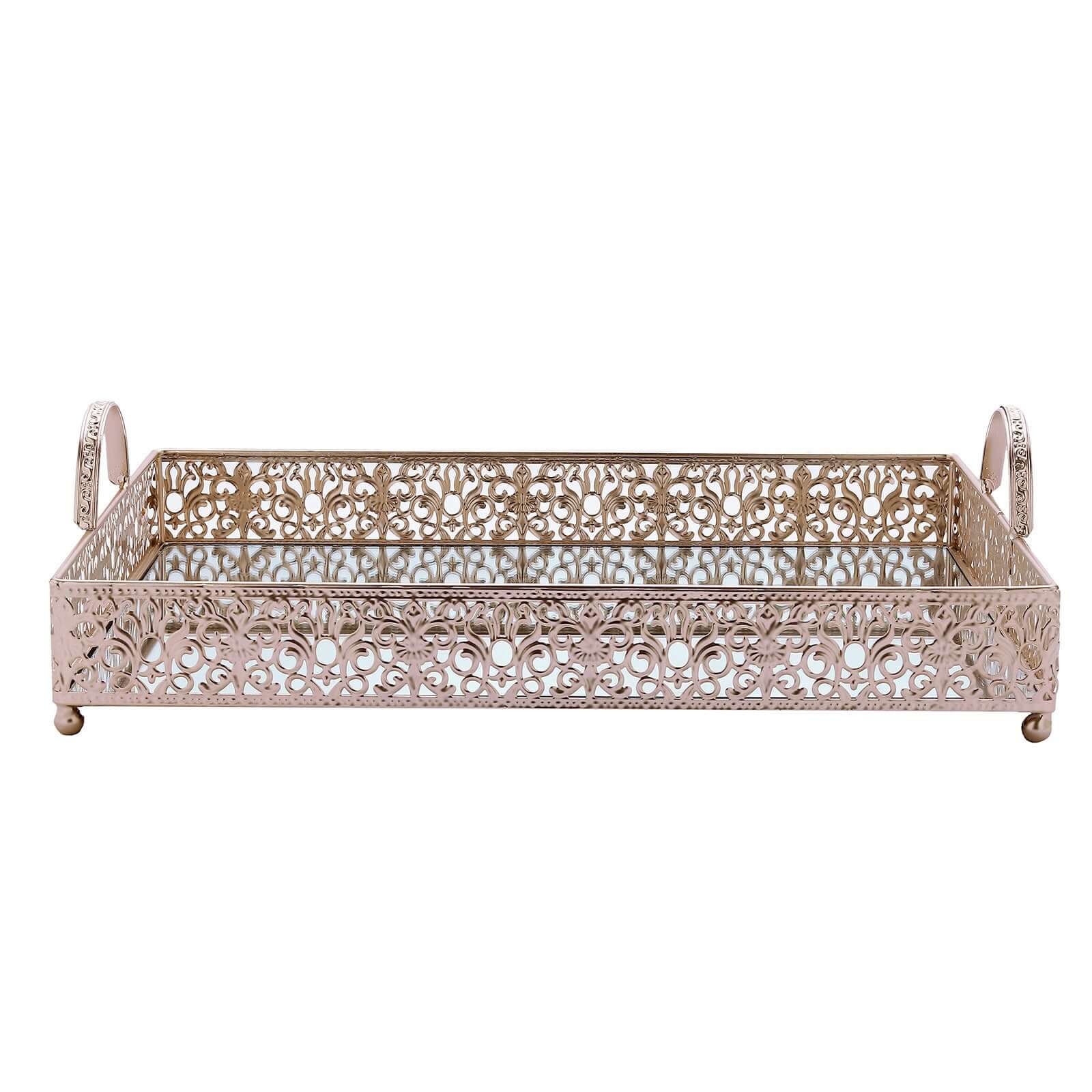 Metal Mirrored Rectangle Serving Tray 16"x12" in Rose Gold Fleur De Lis Design with Handles, French Inspired Decorative Vanity Tray Centerpiece