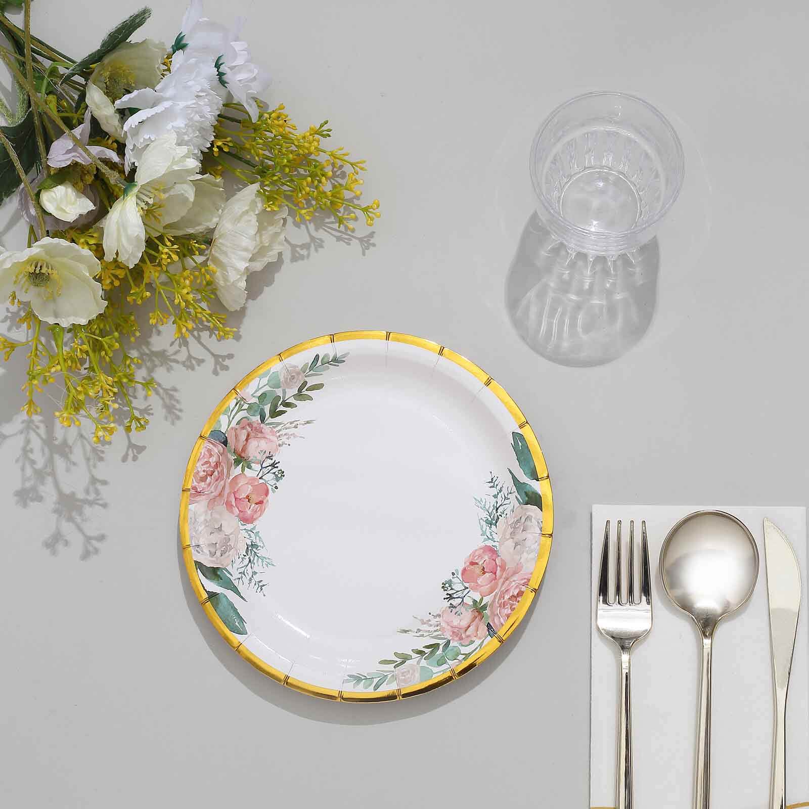 25-Pack Paper 7" Round Dessert Plates in White with Peony Floral Design & Gold Rim - Disposable Floral Salad Appetizer Plates for Brunches & Afternoon Teas