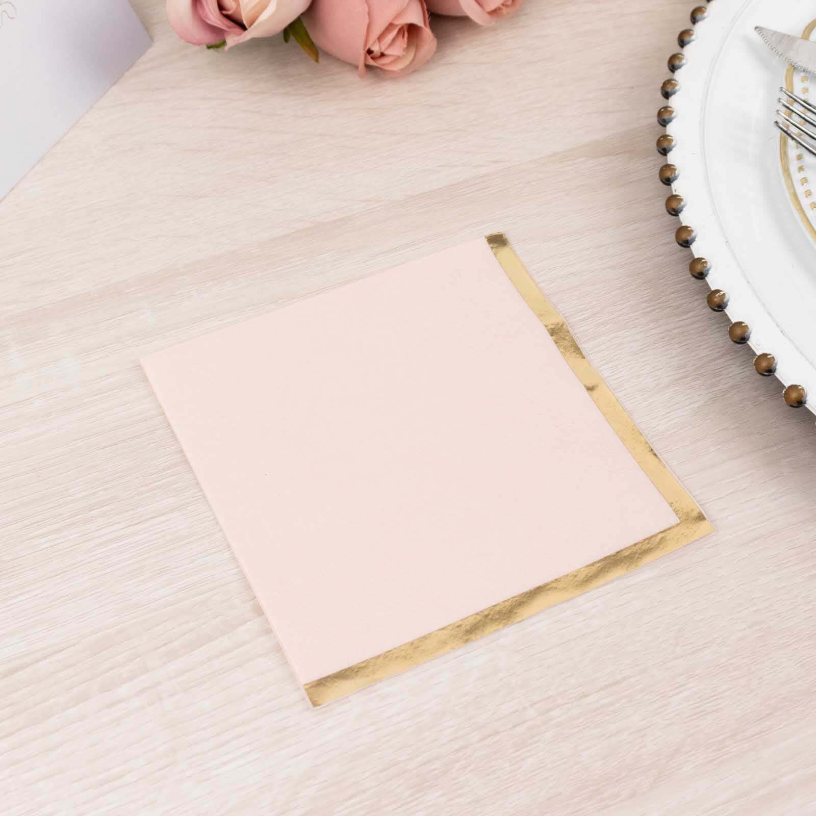 50-Pack Paper Beverage Napkins Blush with Gold Foil Edge - 2 Ply Disposable Soft 18GSM Cocktail Napkins 5"x5"